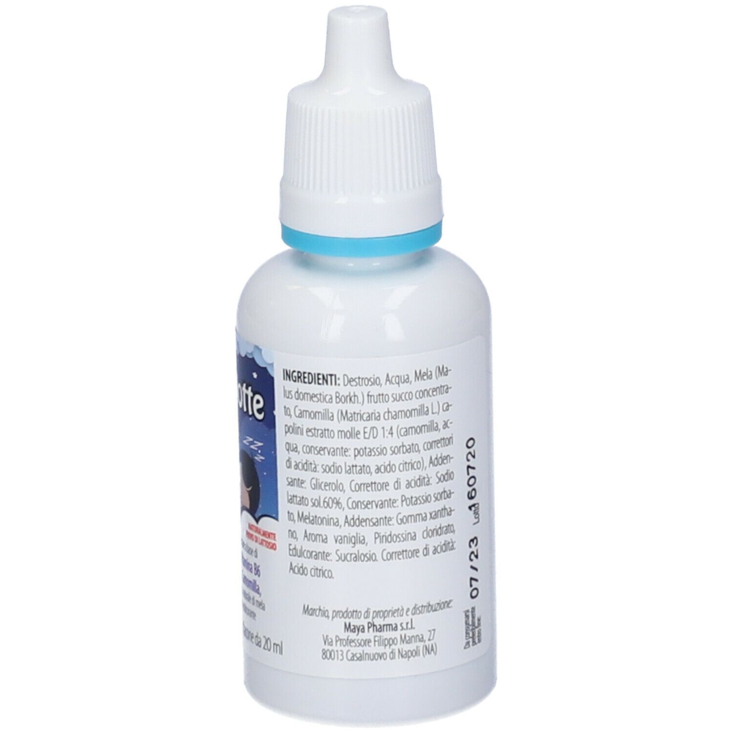 Flacone bianco Joy Notte Gocce con contagocce. Stampa con ingredienti e informazioni produttore.