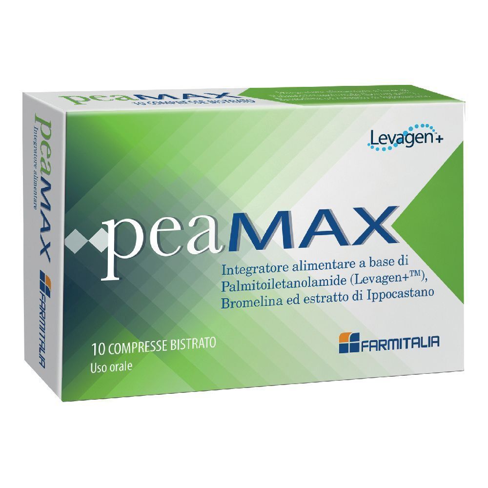 Scatola di compresse "peaMAX". Confezione verde e bianca con nome del prodotto, ingredienti e logo.