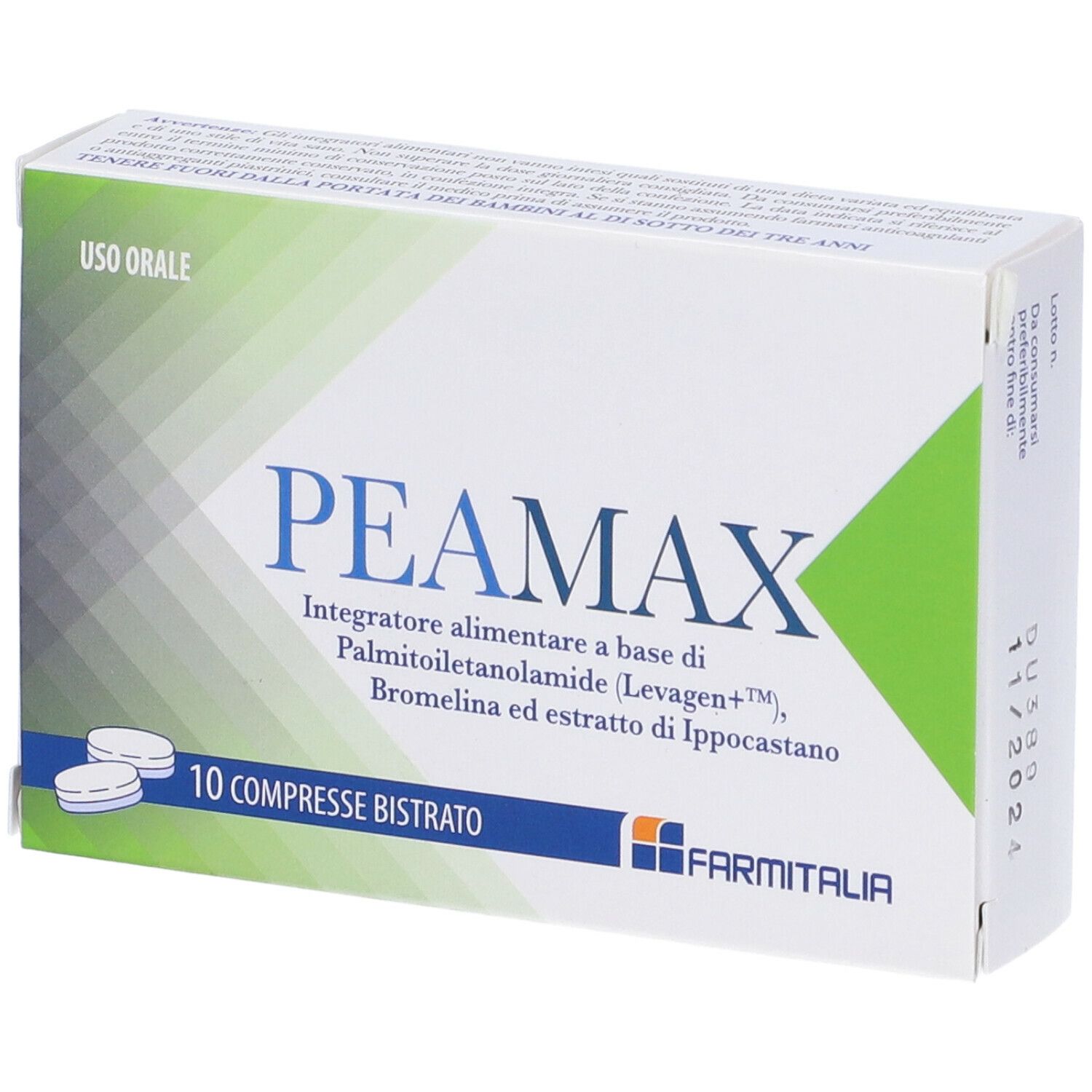 Primo piano della confezione di compresse "peaMAX". Scatola bianca e verde con nome e ingredienti.