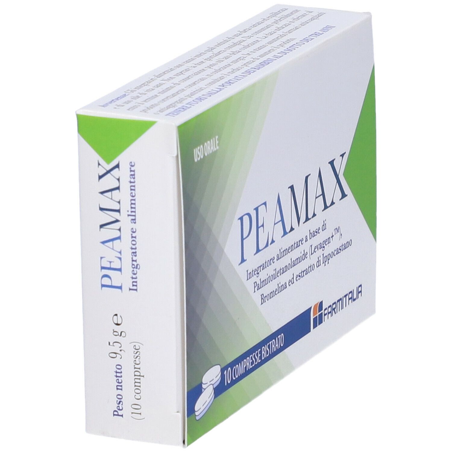 Scatola di compresse "peaMAX" leggermente angolata. Confezione bianca e verde con informazioni e logo.