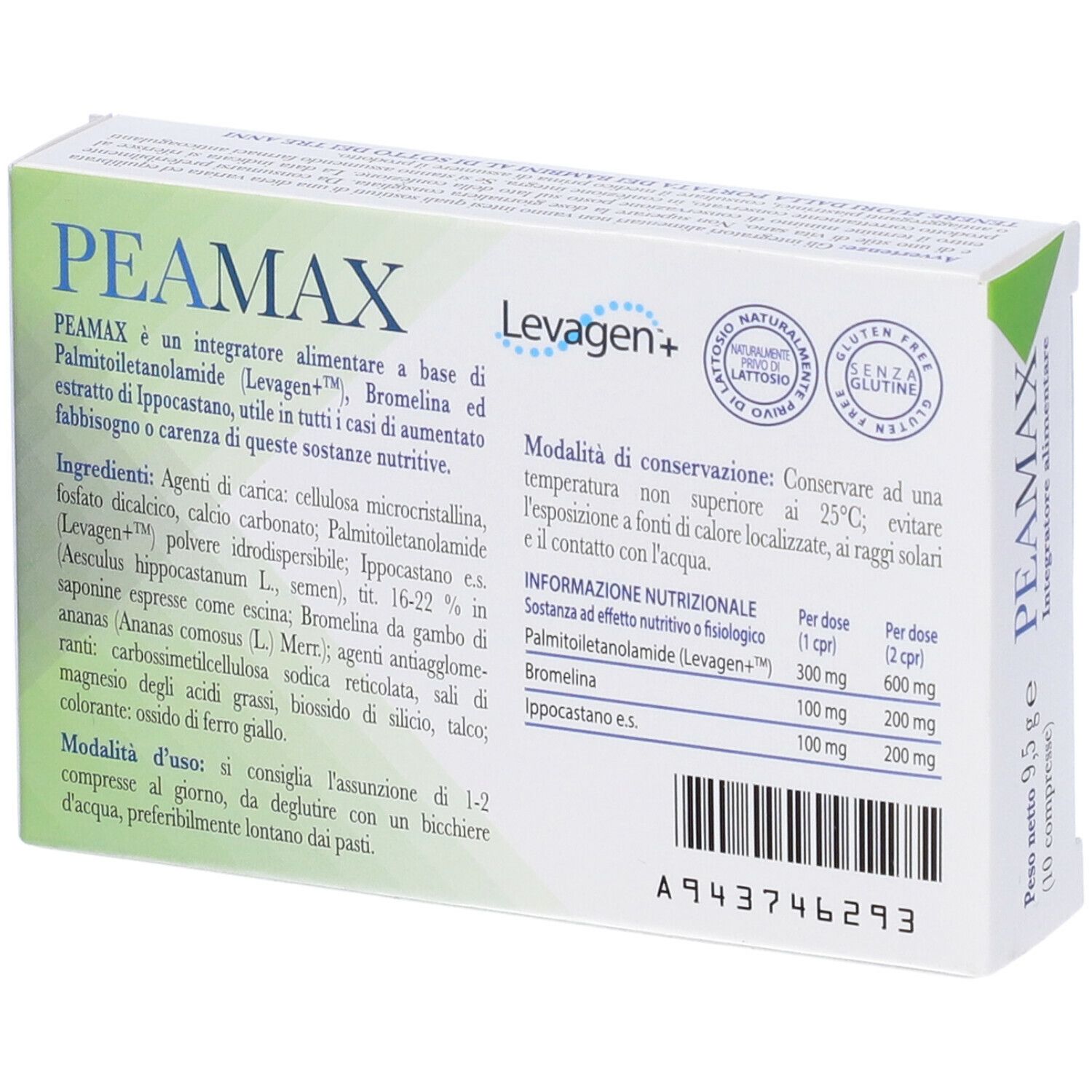 Retro della confezione di compresse "peaMAX". Contiene informazioni su ingredienti, uso e valori nutrizionali.