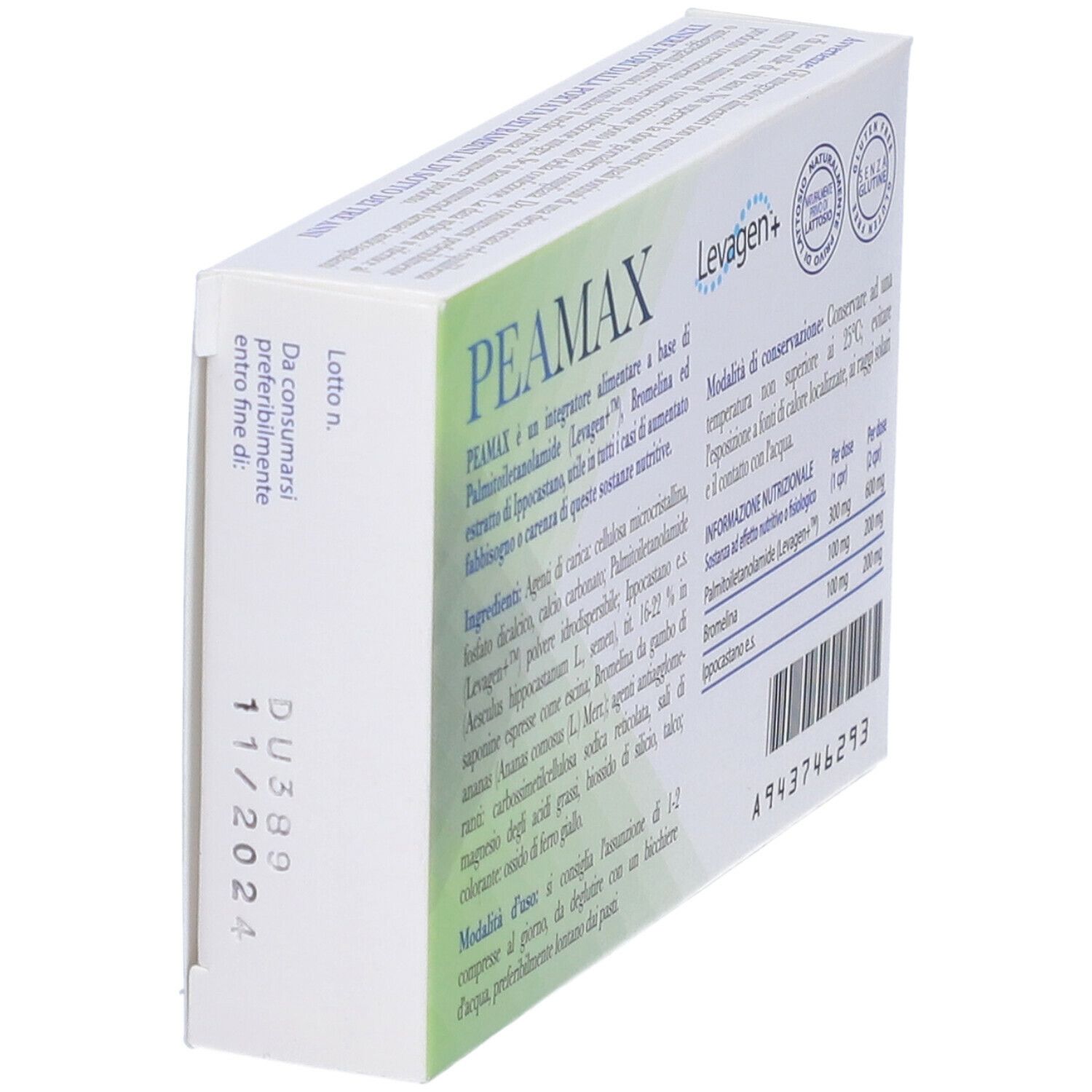 Retro della confezione di compresse "peaMAX". Contiene informazioni su ingredienti, uso e valori nutrizionali.