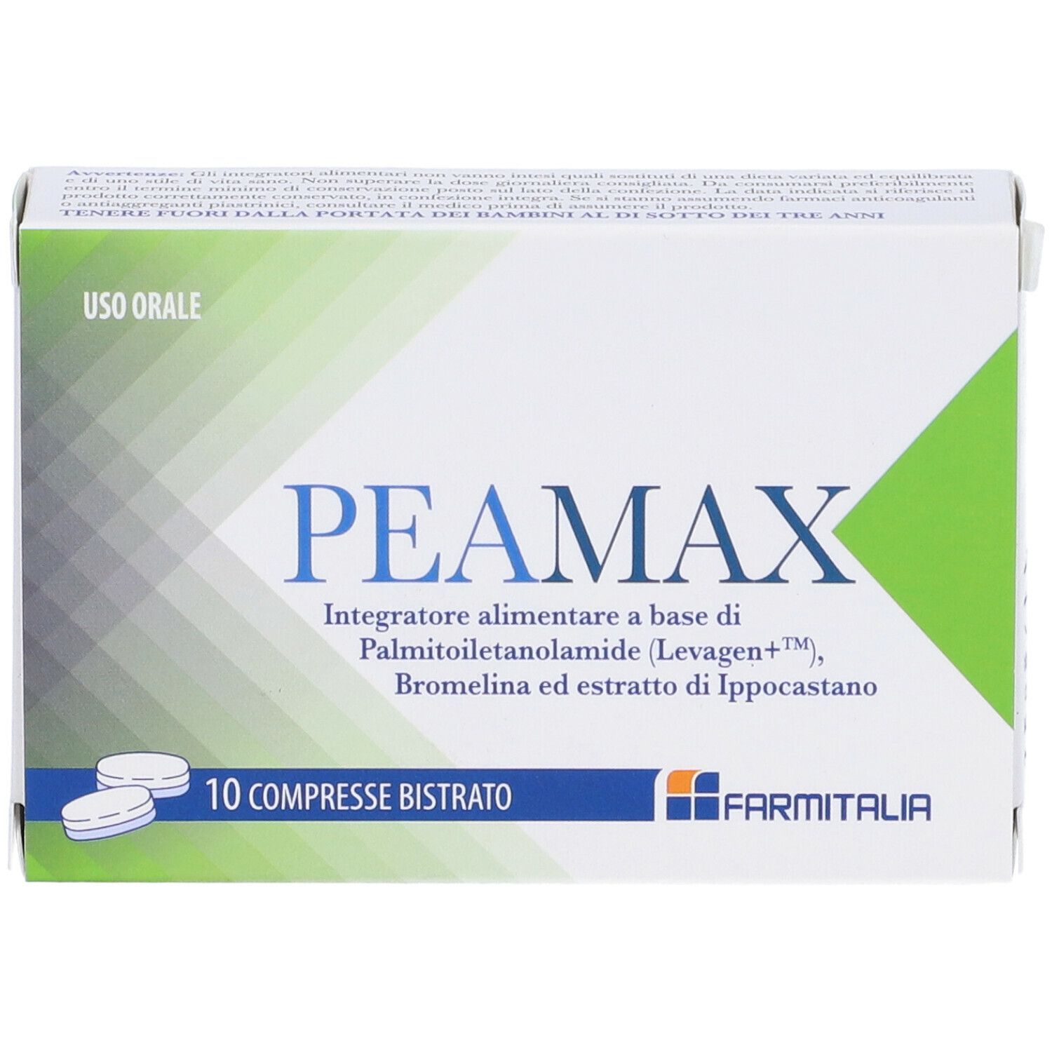 Primo piano della confezione di compresse "peaMAX". Scatola bianca e verde con nome e ingredienti.