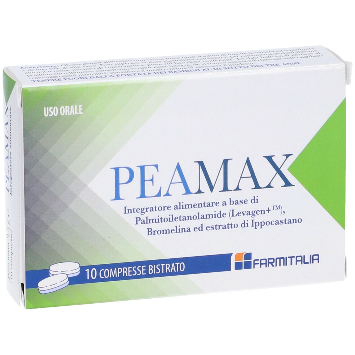 Scatola di compresse "peaMAX" leggermente angolata. Confezione bianca e verde con informazioni e logo.