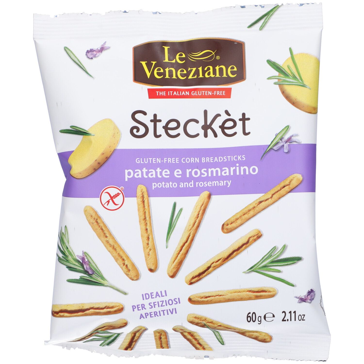 Confezione di stick di mais senza glutine. Nome prodotto: "Stecket Patate e Rosmarino". Immagini di bastoncini, patate e rosmarino.