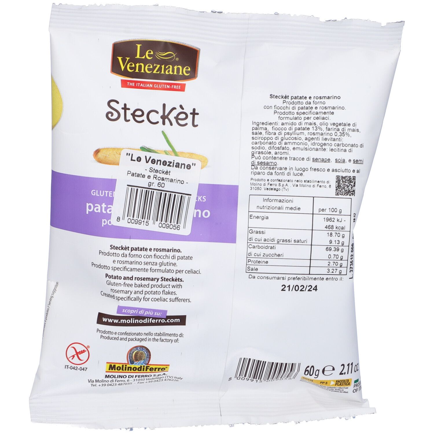 Retro della confezione con informazioni sul prodotto. Testo: "Stecket Patate e Rosmarino". Elenco ingredienti, valori nutrizionali e scadenza.