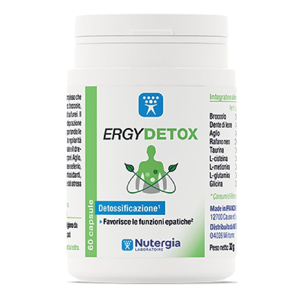 Flacone bianco con etichetta verde. Scritta: Ergydetox, 60 capsule. Logo: figura verde con foglie. Marchio: Nutergia.