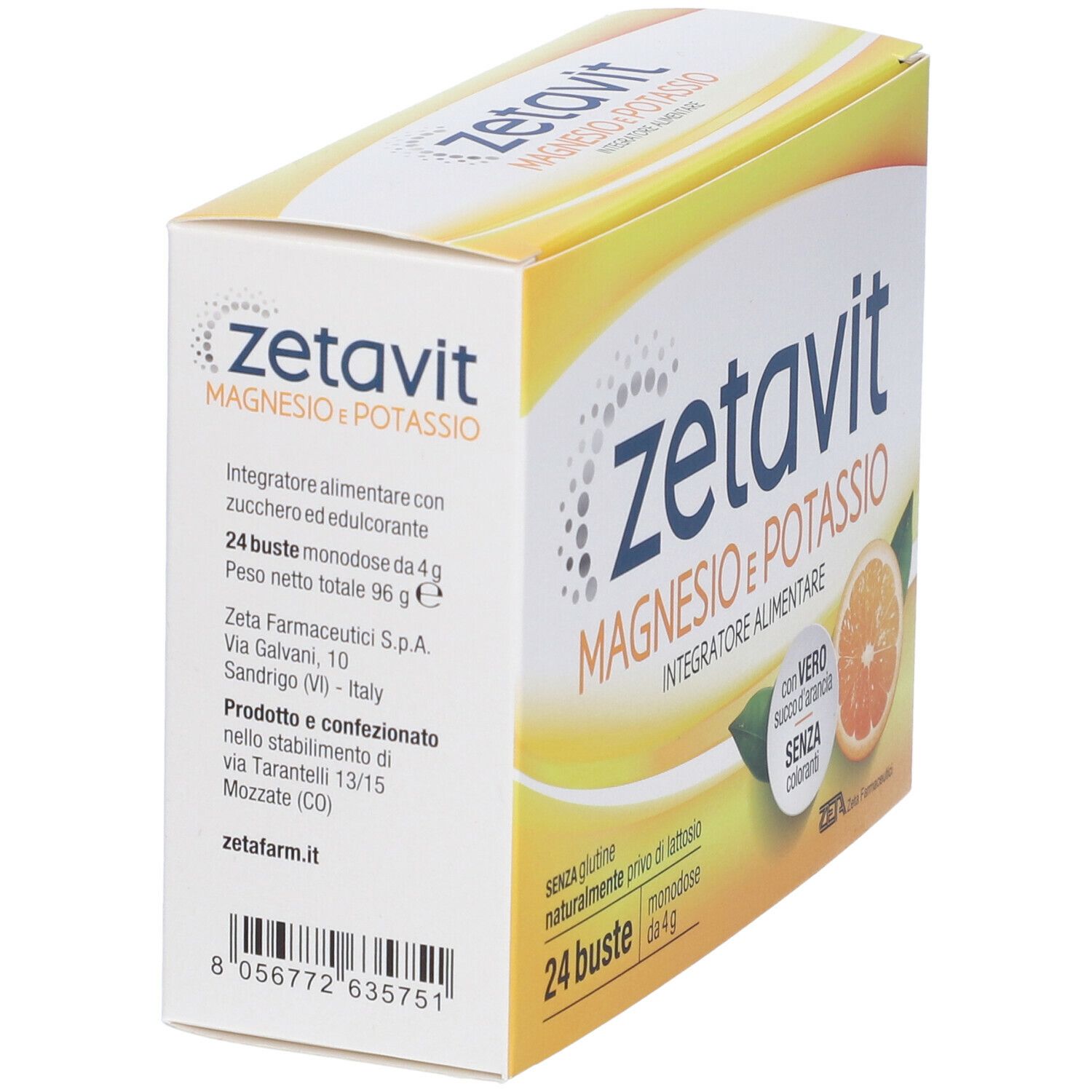 Scatola Zetavit gialla, angolata. Testo e logo. Contiene 24 bustine. Immagine arancia.