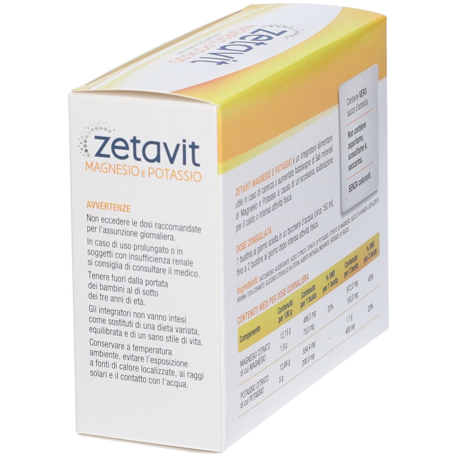 Lato della scatola Zetavit gialla. Testo con avvertenze e dosaggio.