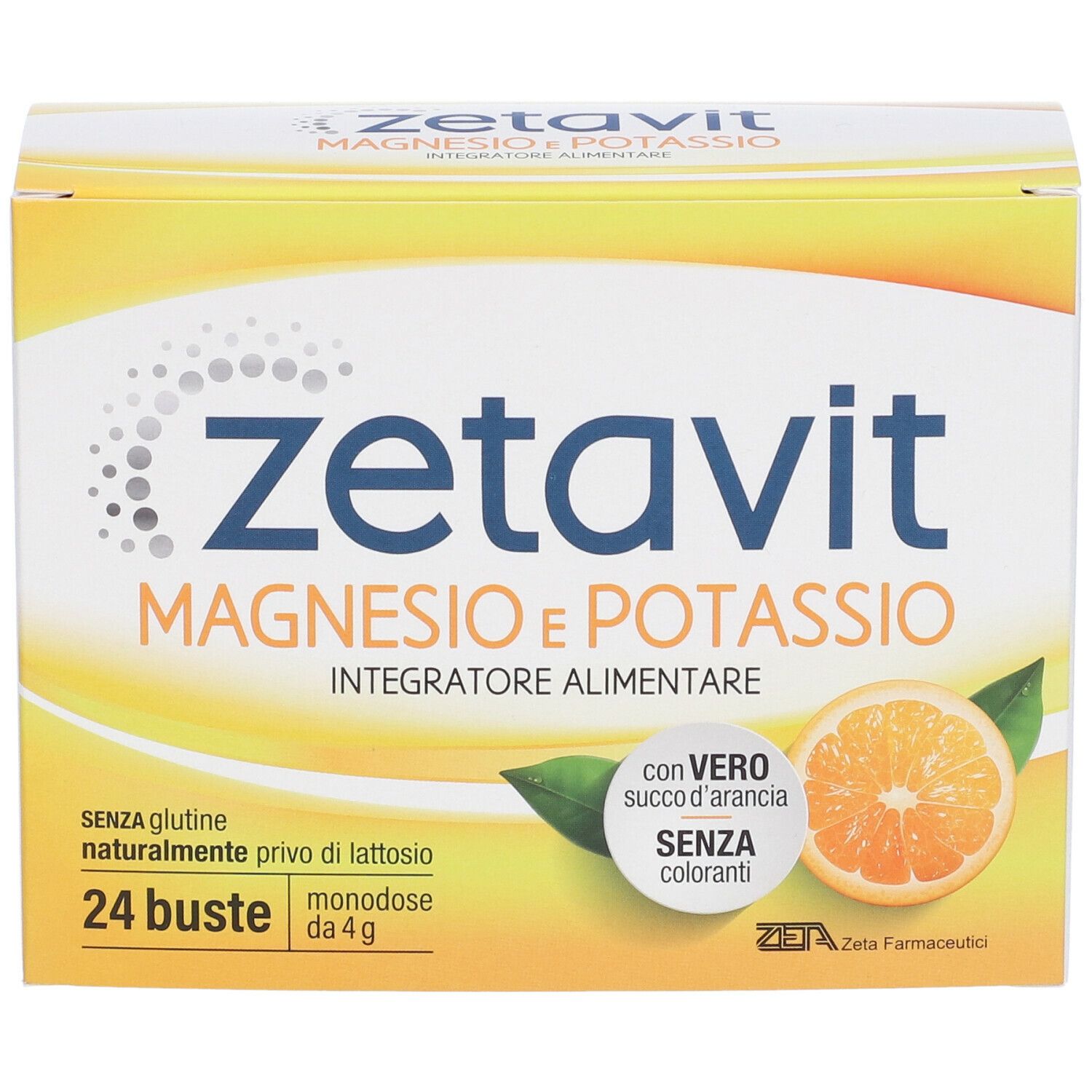 Scatola Zetavit gialla. Logo e testo. Contiene 24 bustine. Immagine di arancia.
