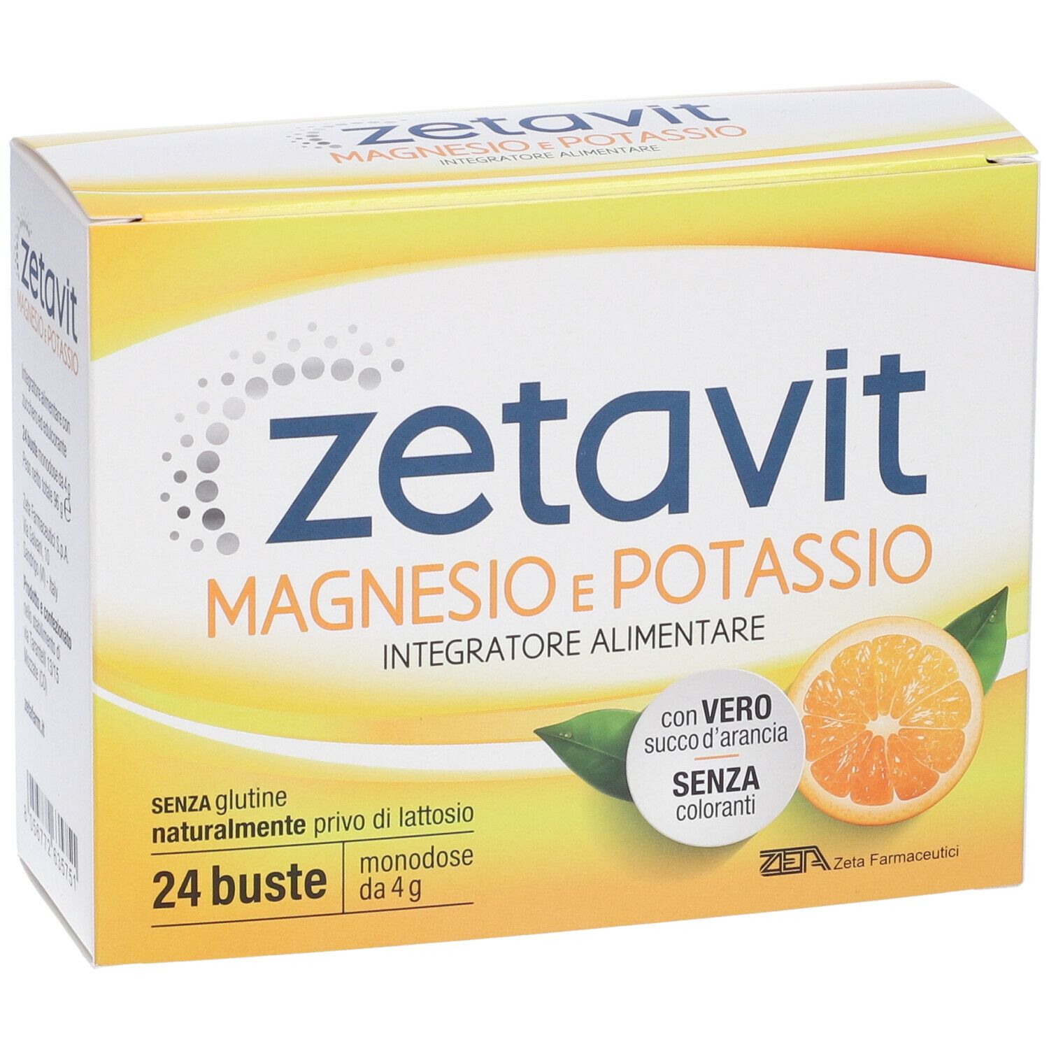 Scatola Zetavit gialla. Logo e testo. Contiene 24 bustine. Immagine di arancia.