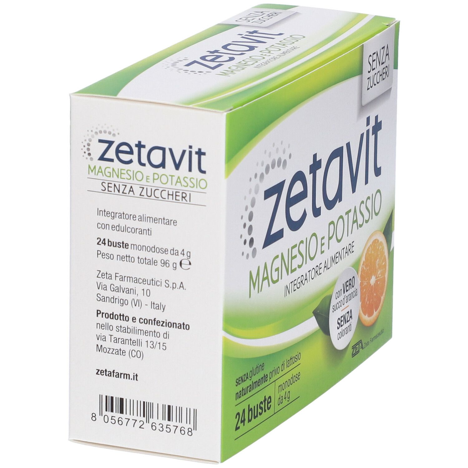 Scatola Zetavit Magnesio e Potassio, vista laterale. Integratore alimentare. 24 bustine. Senza zuccheri.