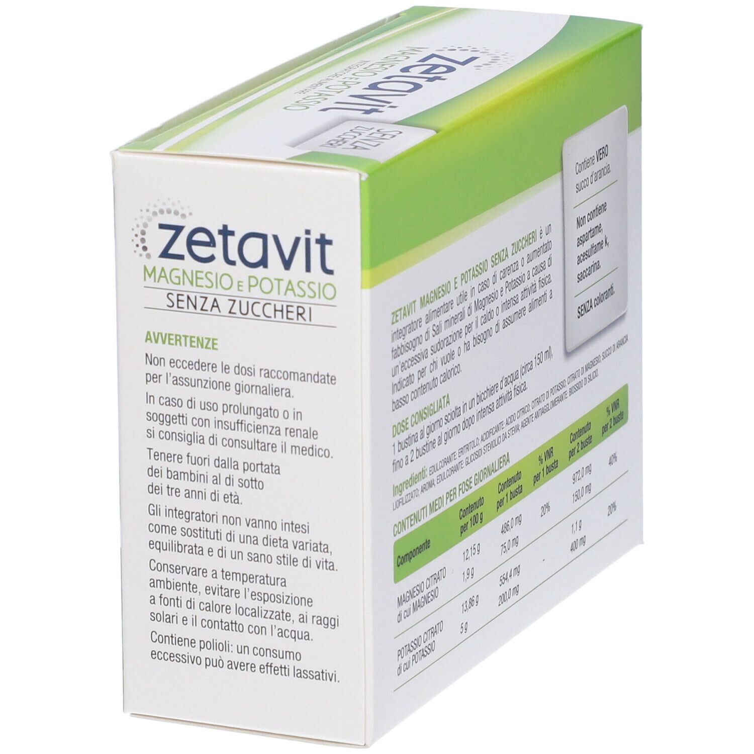 Scatola Zetavit Magnesio e Potassio, vista laterale con informazioni e avvertenze.