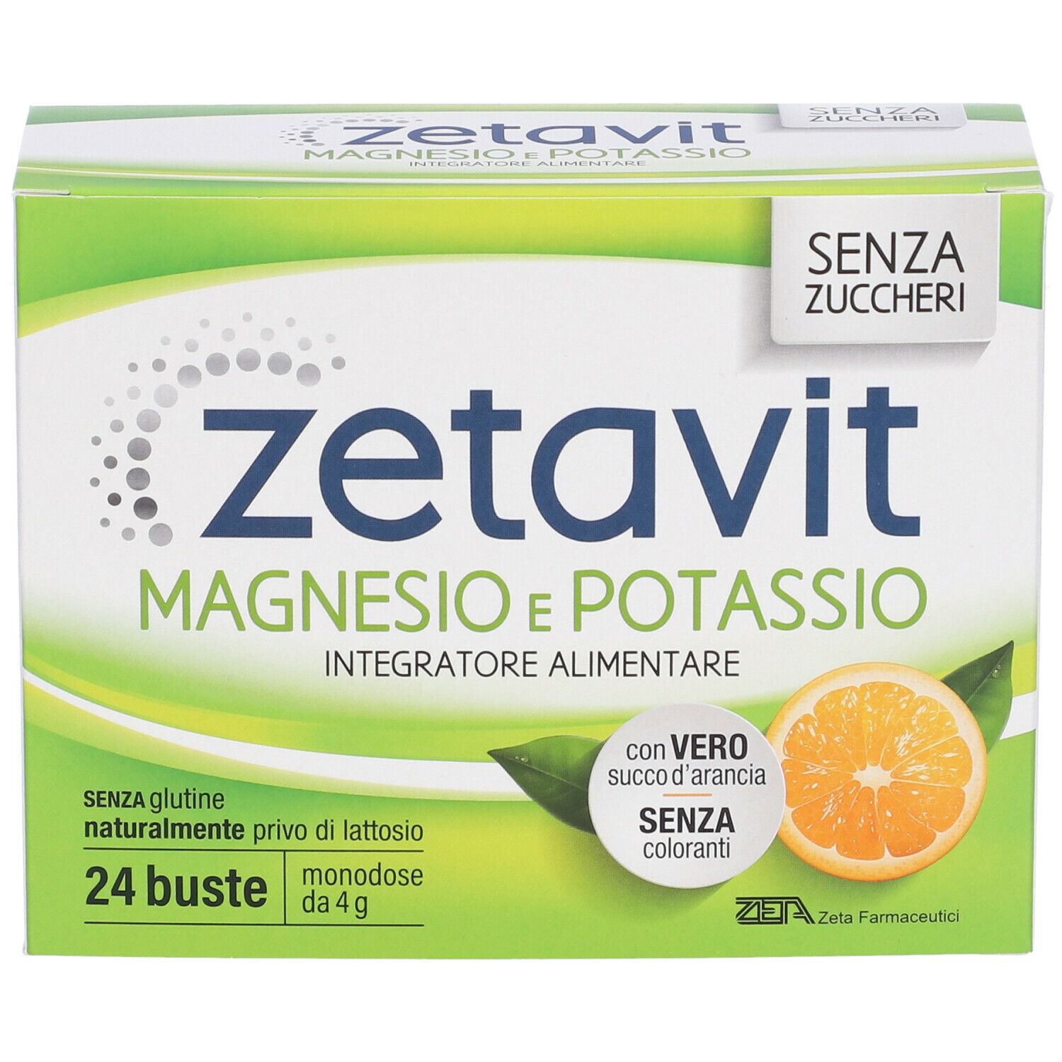 Scatola Zetavit Magnesio e Potassio. Integratore alimentare. 24 bustine. Senza zuccheri. Arancia.