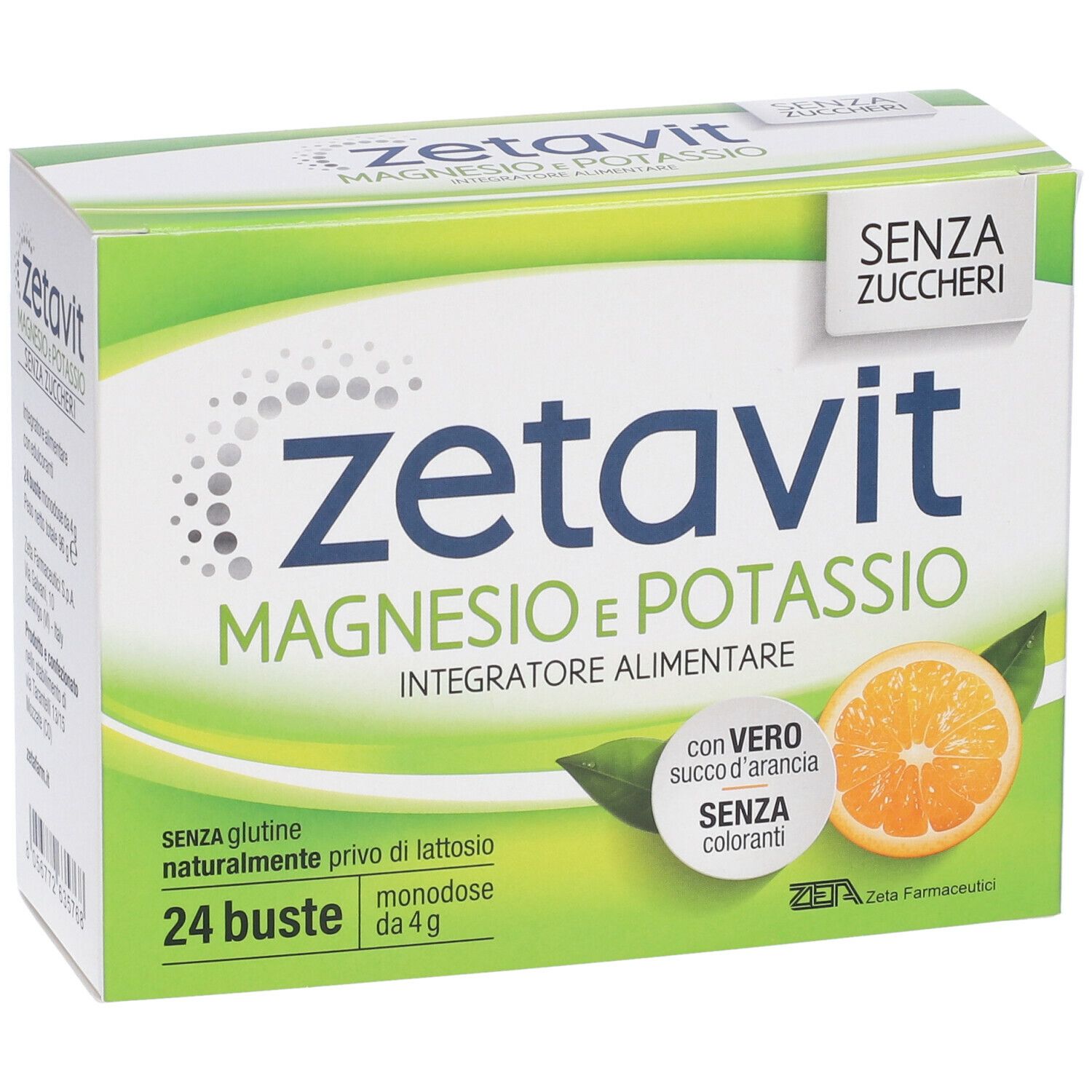 Scatola Zetavit Magnesio e Potassio. Integratore alimentare. 24 bustine. Senza zuccheri. Arancia.