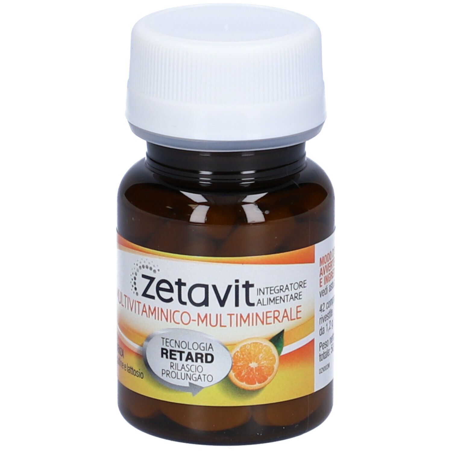 Flacone marrone con tappo bianco. Etichetta con nome prodotto Zetavit Multivitaminico Multiminerale e un'arancia.