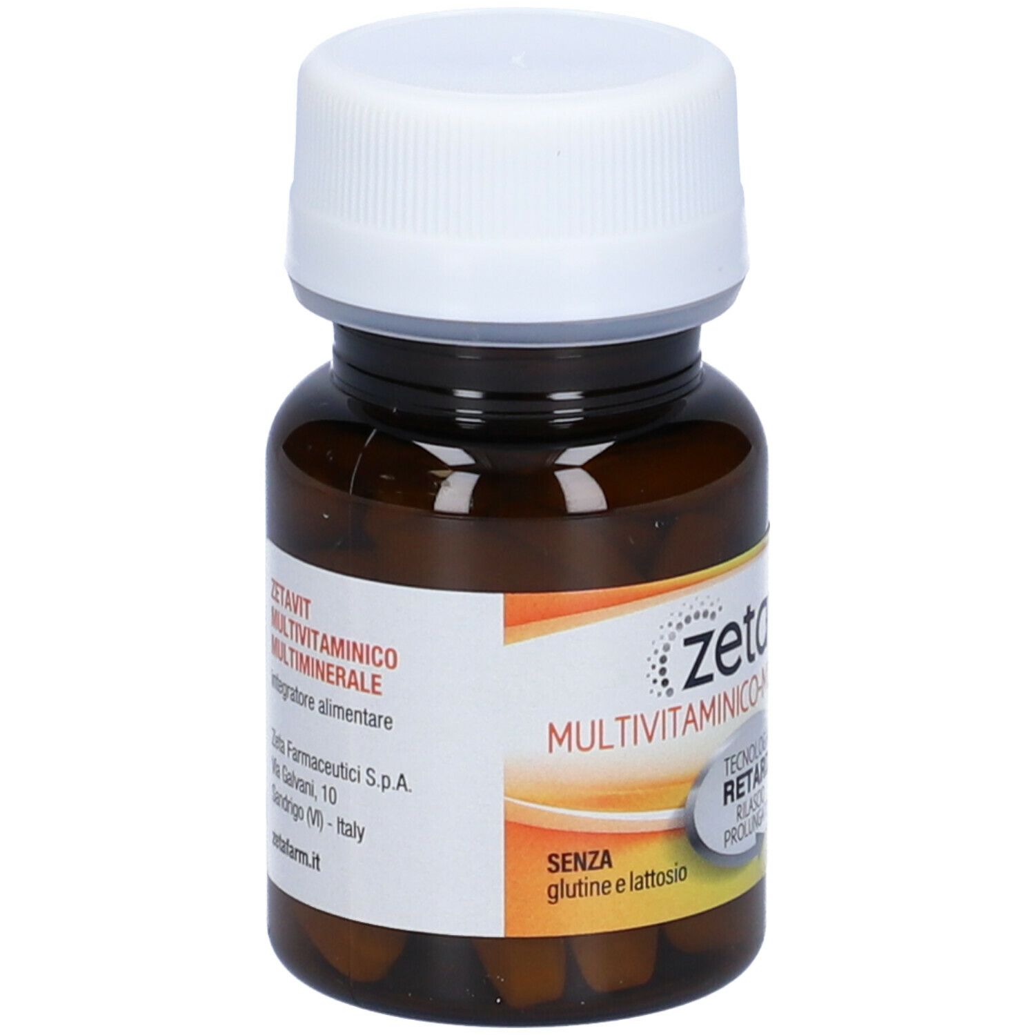 Flacone marrone con tappo bianco. Etichetta con nome prodotto Zetavit Multivitaminico Multiminerale. Testo: senza glutine e lattosio.