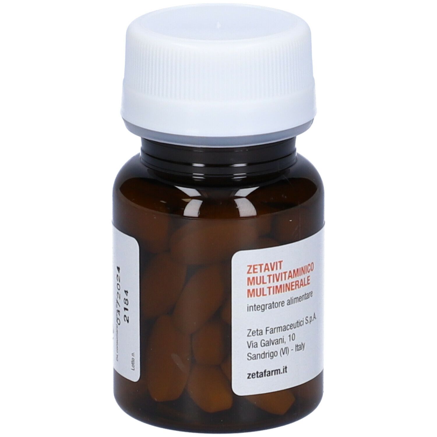 Flacone marrone con tappo bianco. Etichetta con nome prodotto Zetavit Multivitaminico Multiminerale. Contiene compresse.