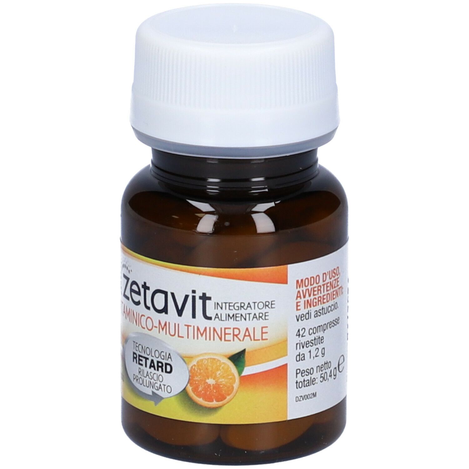 Flacone marrone con tappo bianco. Etichetta con nome prodotto Zetavit Multivitaminico Multiminerale e un'arancia.