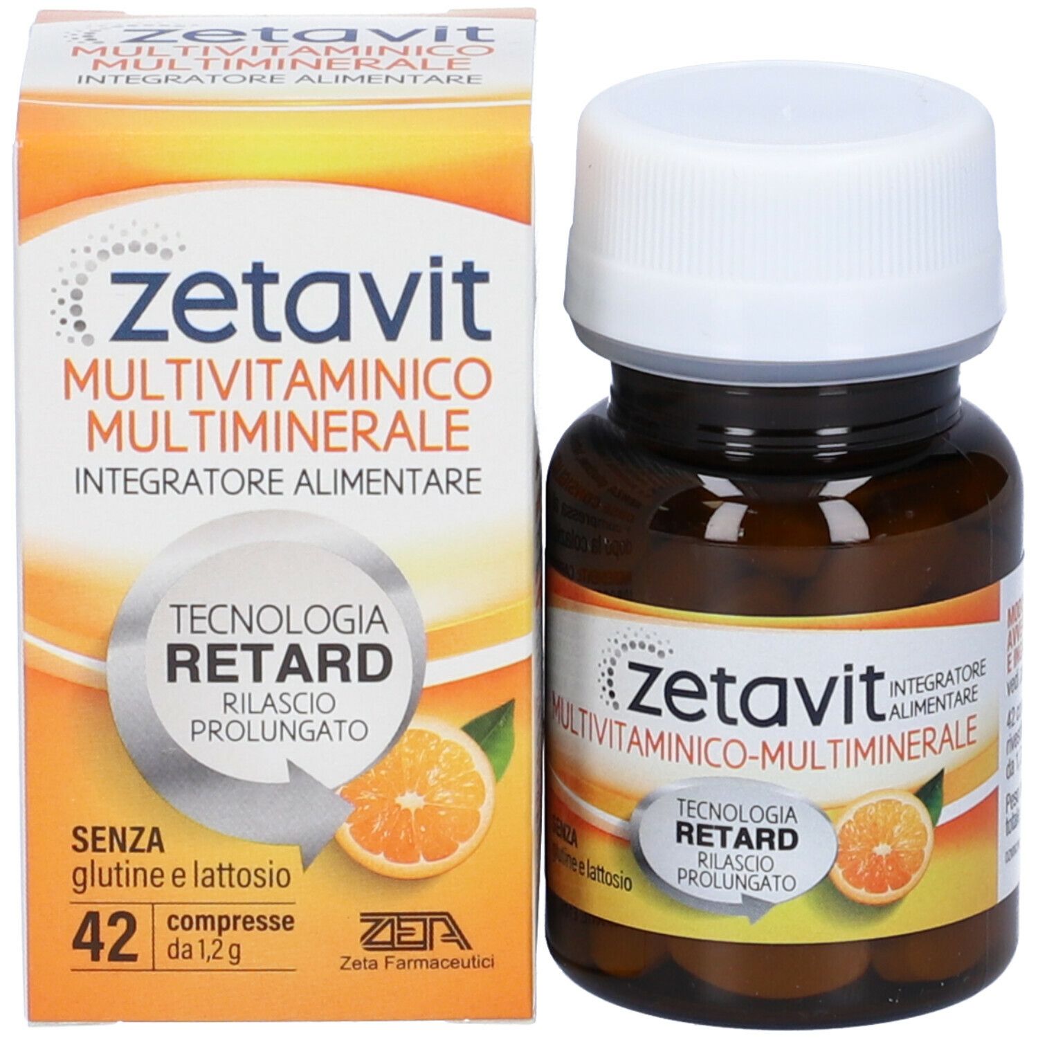 Flacone e scatola Zetavit Multivitaminico Multiminerale. Scatola con nome prodotto e arancia. Flacone con tappo bianco.