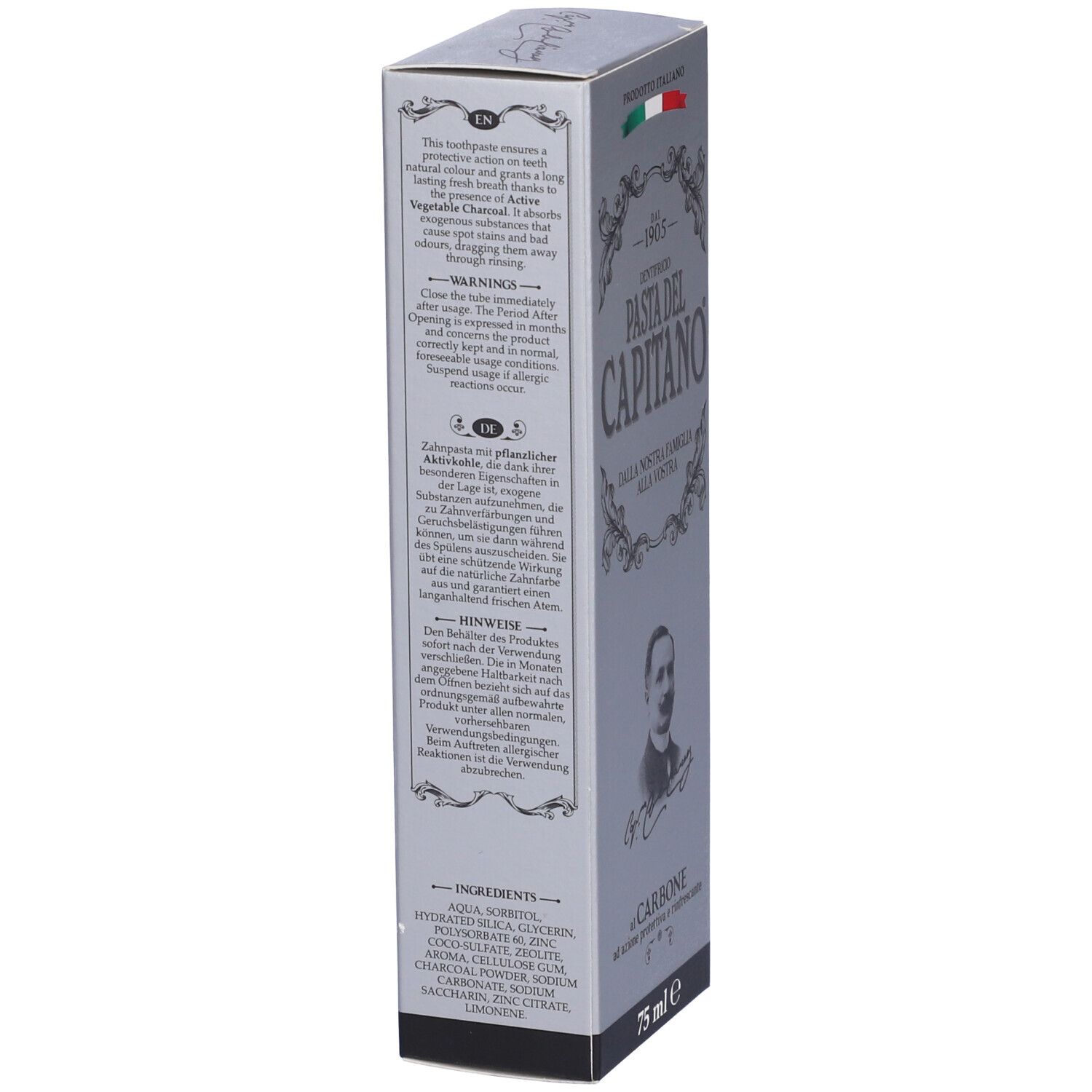 Scatola di dentifricio, vista laterale con testo e ingredienti. Logo: Pasta del Capitano, con carbone attivo, 75 ml.