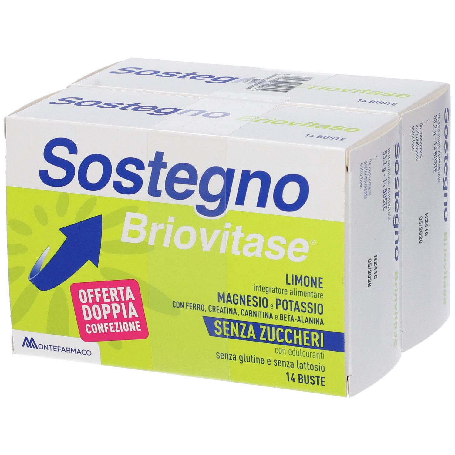 Confezione BRIOVITASE SOSTEGNO LIM BIPACK. Contiene 14 bustine. Scritta: Senza zucchero, con ferro, magnesio, potassio.