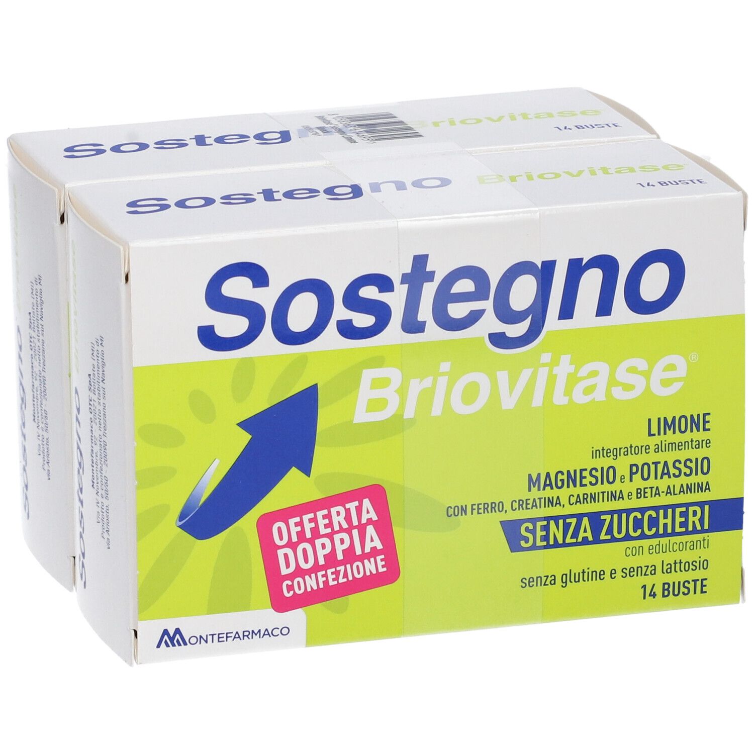 Due confezioni BRIOVITASE SOSTEGNO LIM BIPACK. Scritta: Senza zucchero, con ferro, magnesio, potassio. Offerta doppia.