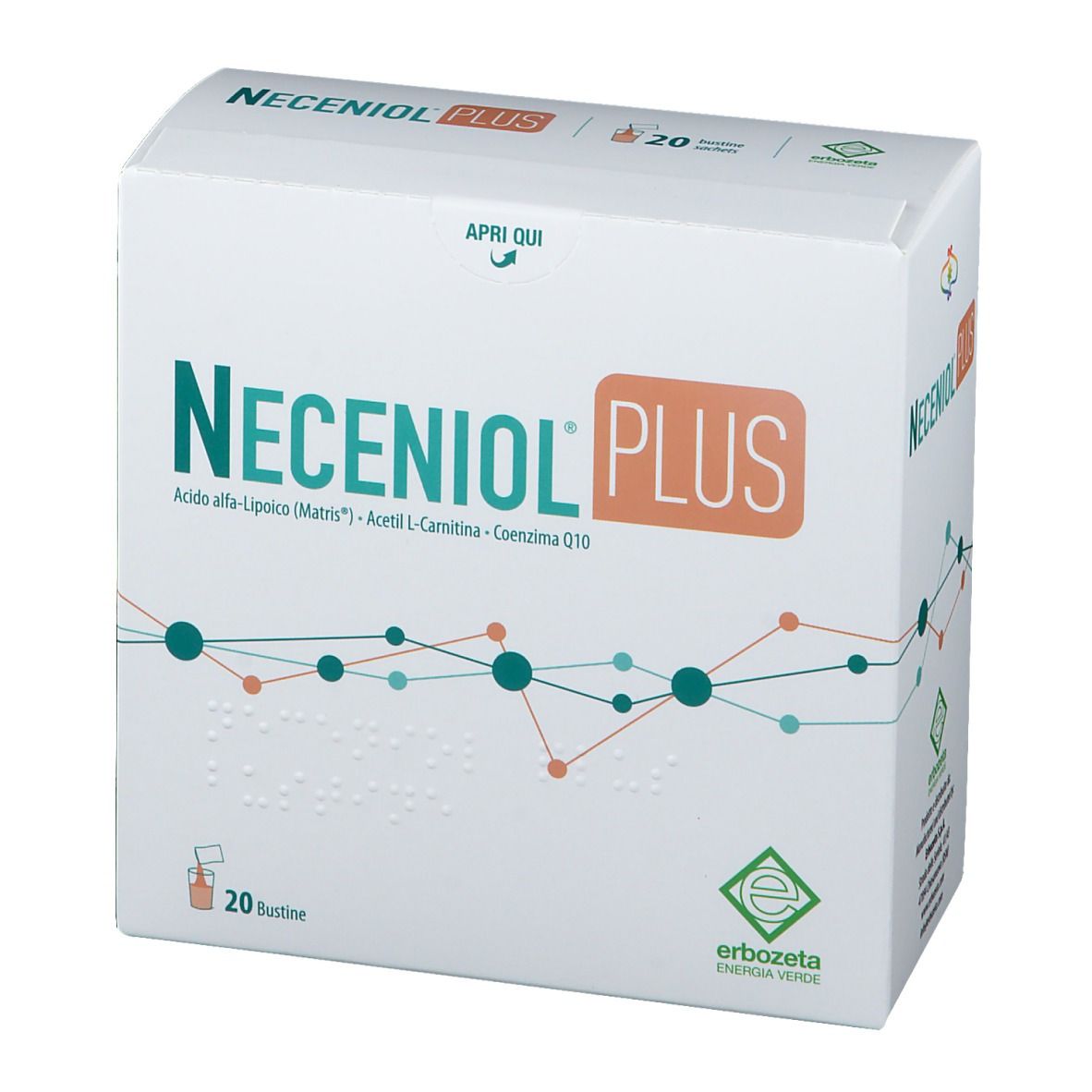 Weiße Schachtel mit NECENIOL PLUS-Logo. Enthält 20 Beutel. Grün-orangefarbene Grafik. Marke: Erbozeta.