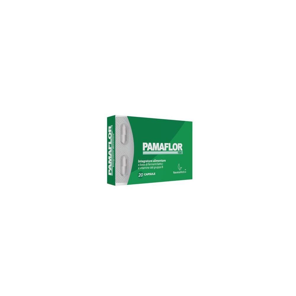 Scatola verde con capsule bianche. Scritta: Pamaflor 100, 20 Capsule. Logo NausicaMedical.
