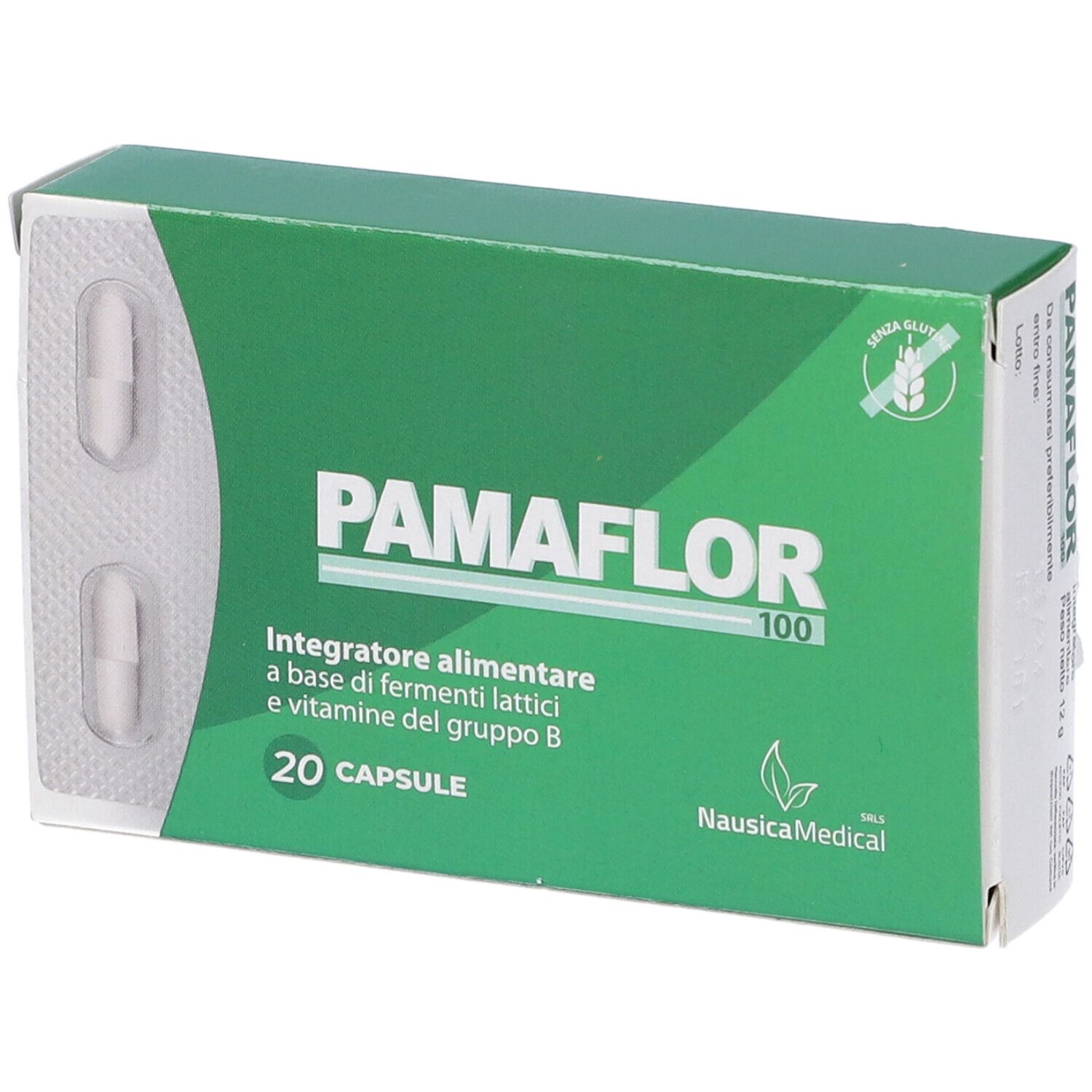 Scatola verde con capsule bianche. Scritta: Pamaflor 100, 20 Capsule. Logo NausicaMedical. Simbolo senza glutine.