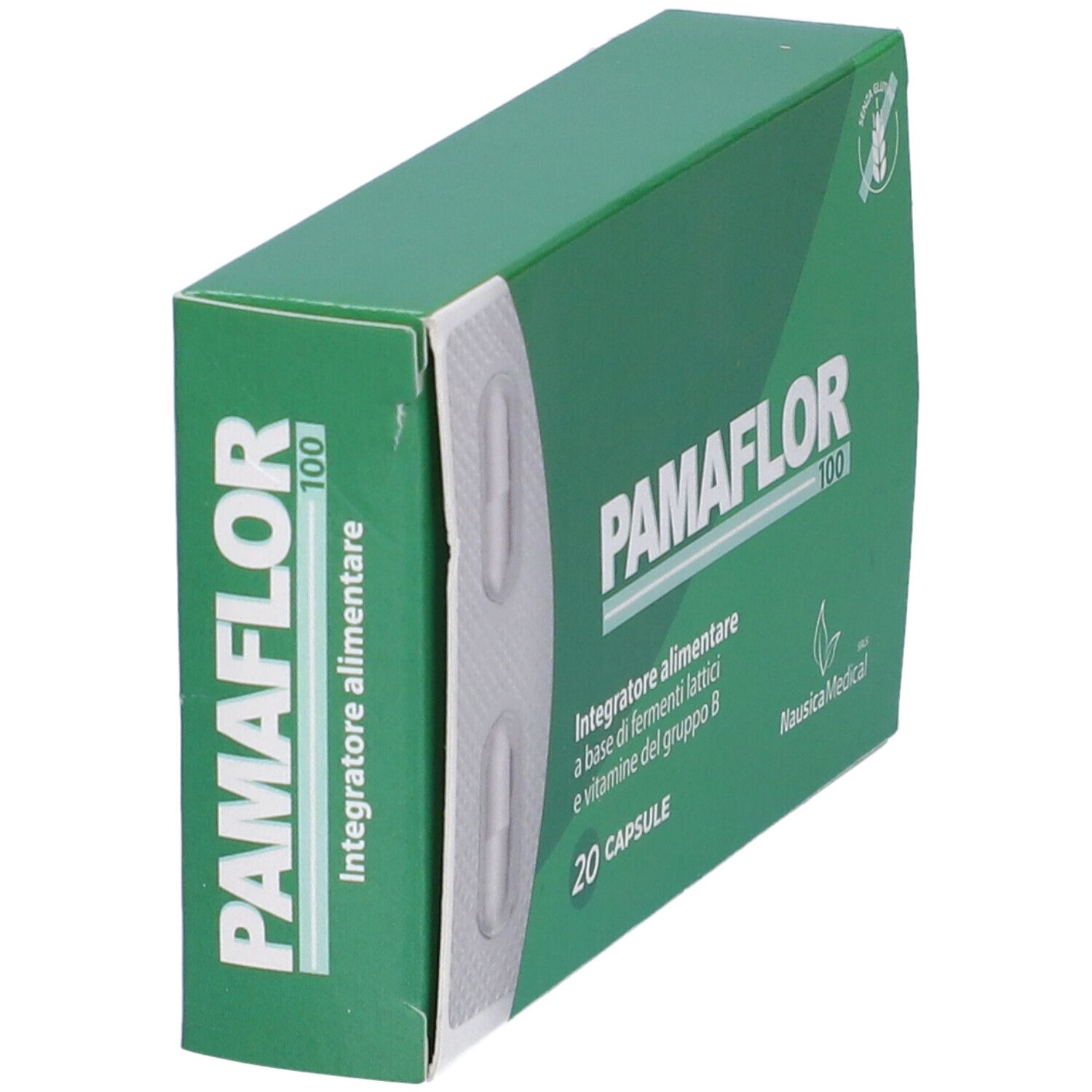 Scatola verde con capsule bianche. Scritta: Pamaflor 100, 20 Capsule. Logo NausicaMedical. Simbolo senza glutine.