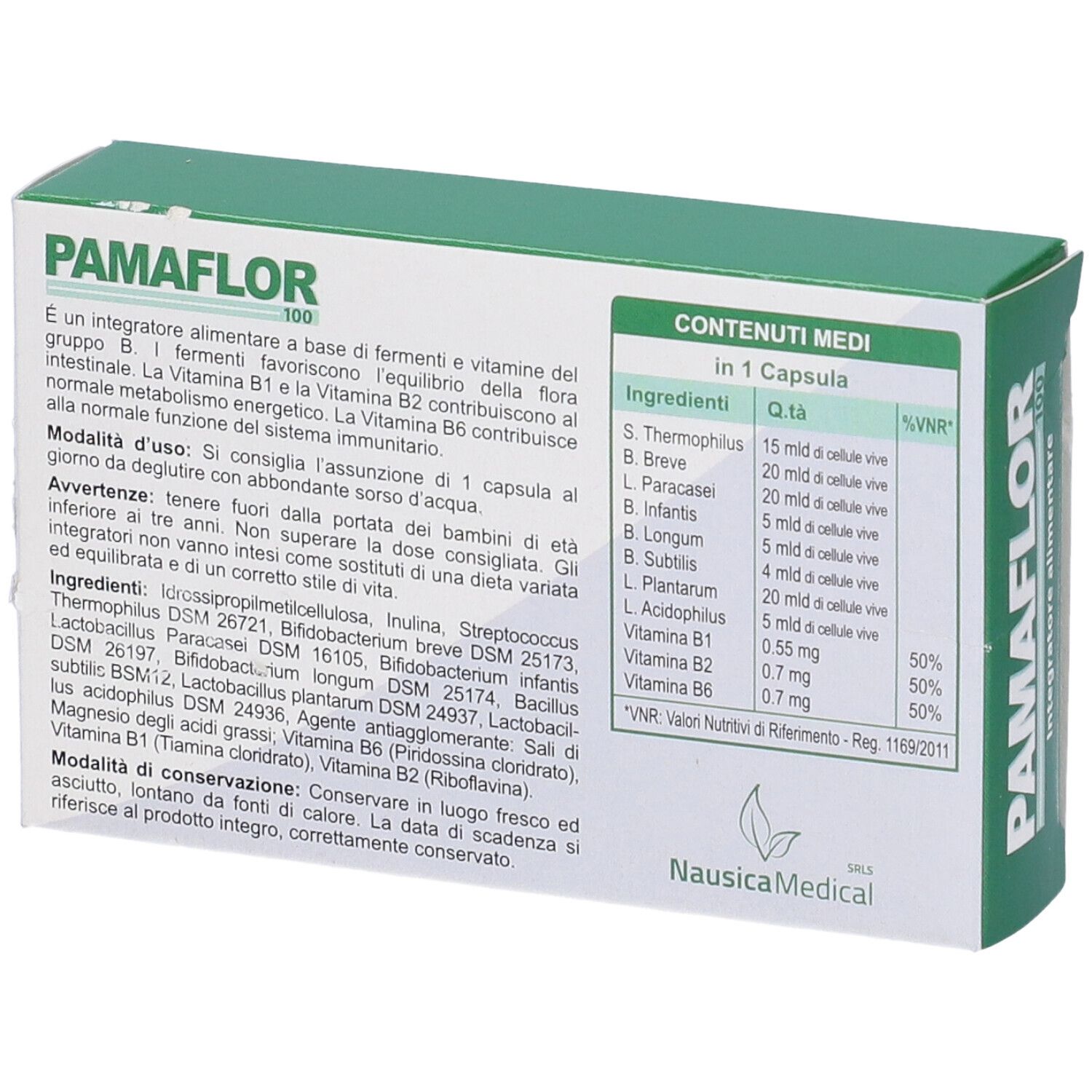 Scatola verde con testo e informazioni. Scritta: Pamaflor 100, 20 Capsule. Logo NausicaMedical. Ingredienti.