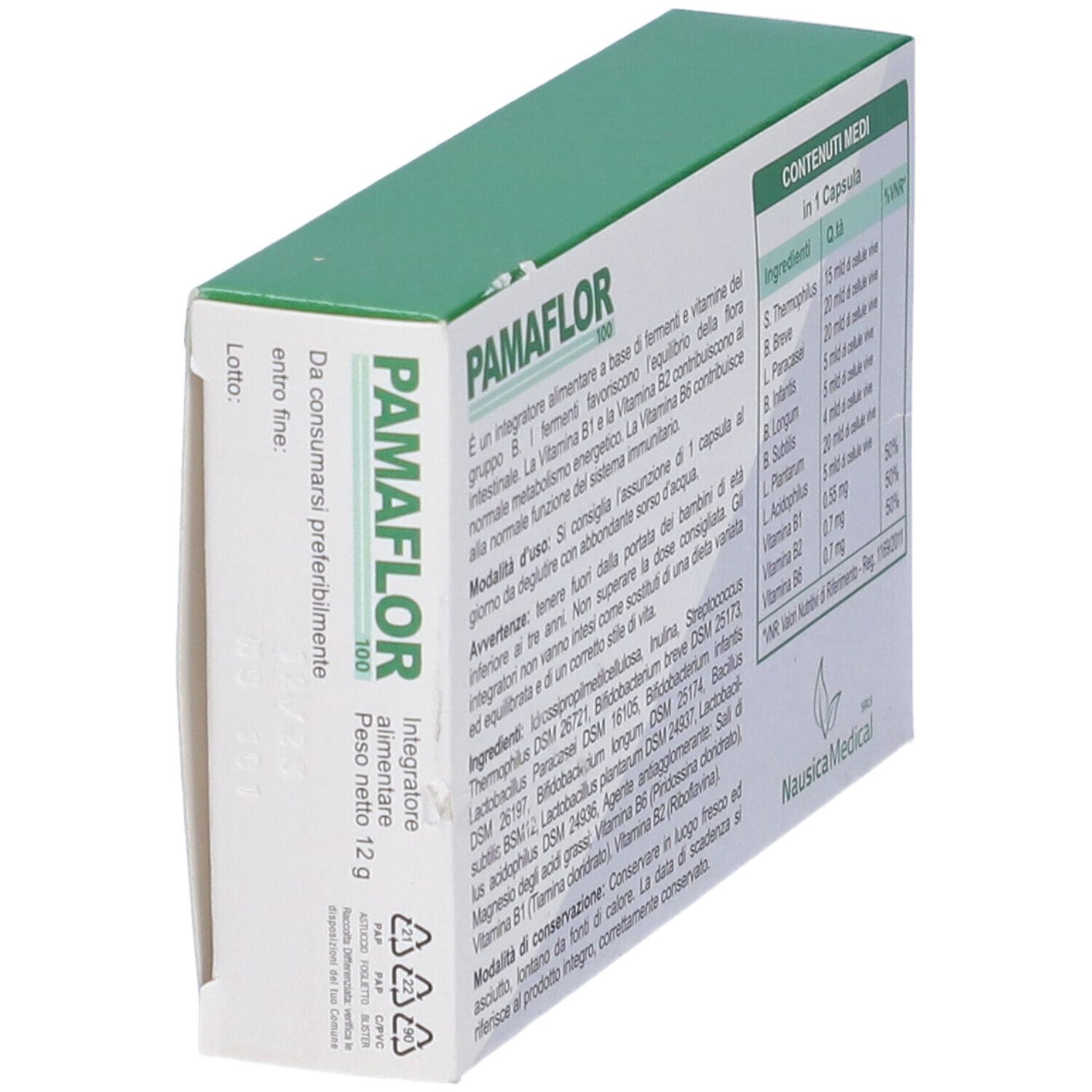Scatola verde con testo e informazioni. Scritta: Pamaflor 100, 20 Capsule. Logo NausicaMedical. Peso 12g.