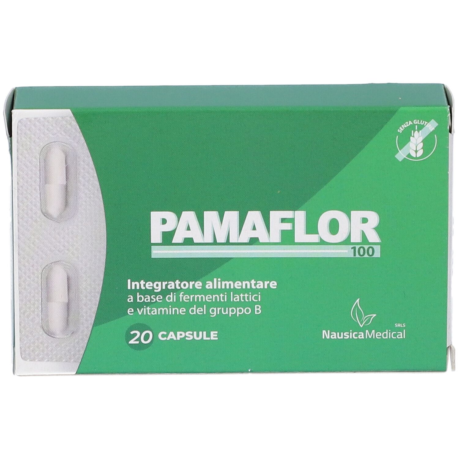 Scatola verde con capsule bianche. Scritta: Pamaflor 100, 20 Capsule. Logo NausicaMedical. Simbolo senza glutine.