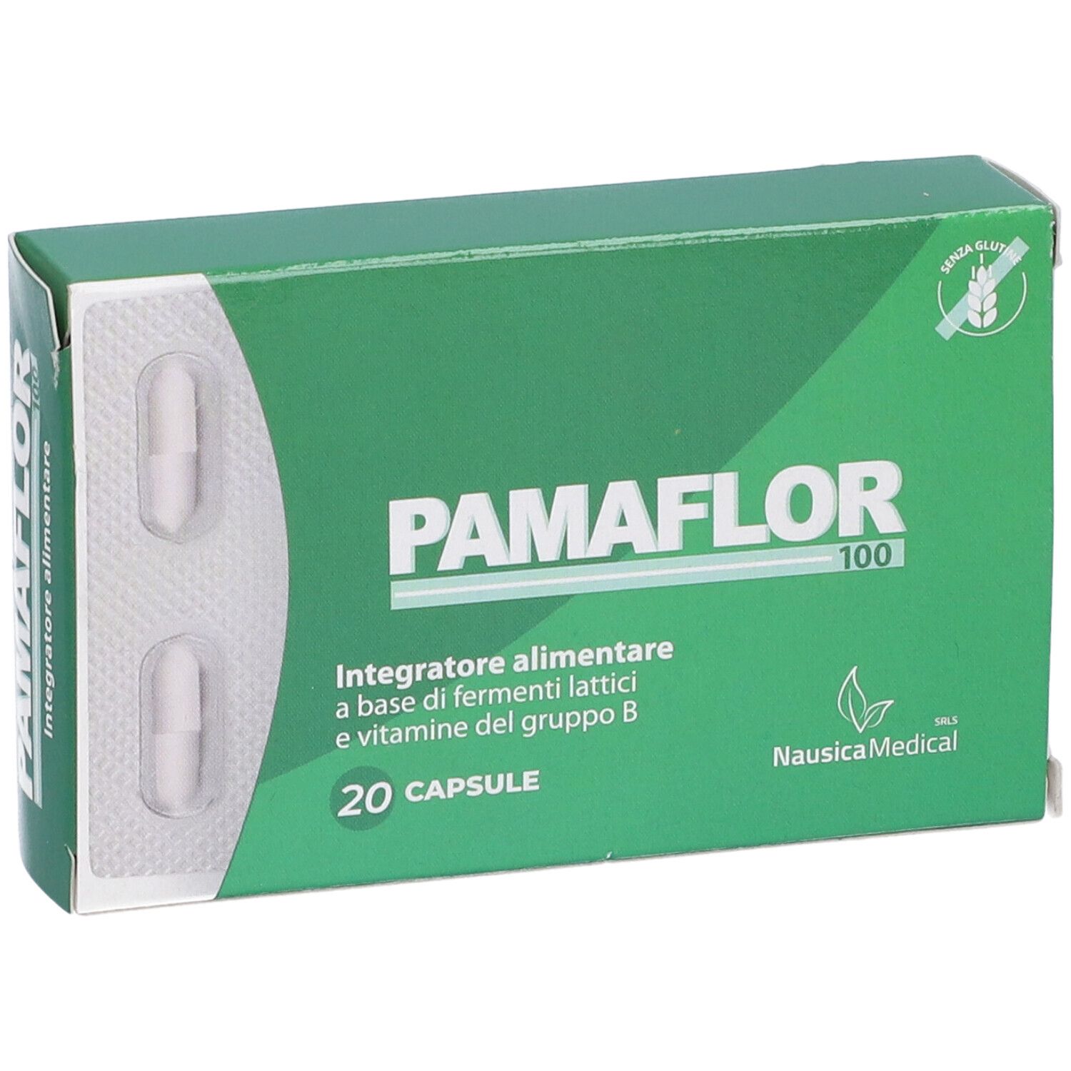 Scatola verde con capsule bianche. Scritta: Pamaflor 100, 20 Capsule. Logo NausicaMedical. Simbolo senza glutine.