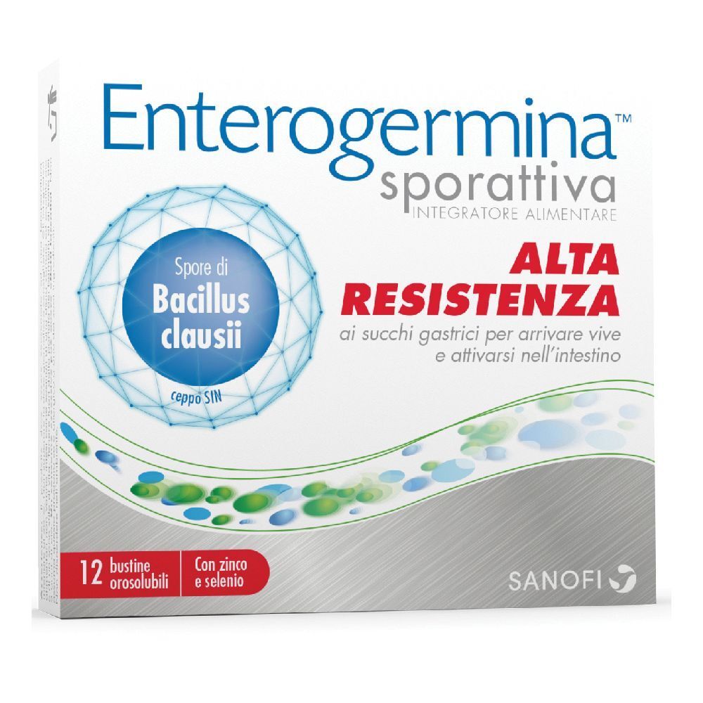 Scatola Enterogermina sporattiva, 12 bustine. Contiene zinco e selenio. Alta resistenza.