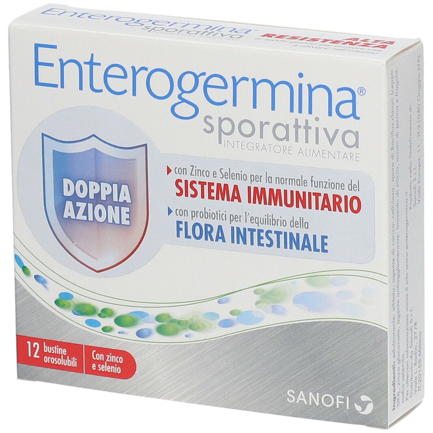 Scatola Enterogermina sporattiva, 12 bustine. Contiene zinco e selenio. Doppia azione.