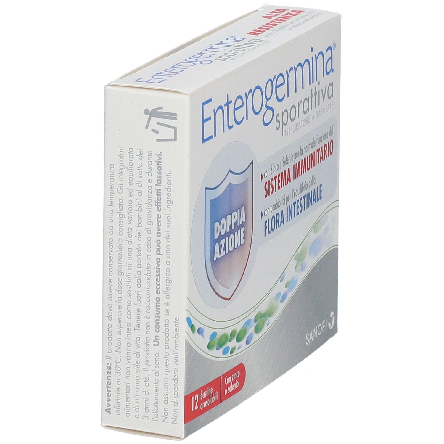 Scatola Enterogermina sporattiva, 12 bustine. Contiene zinco e selenio. Doppia azione.