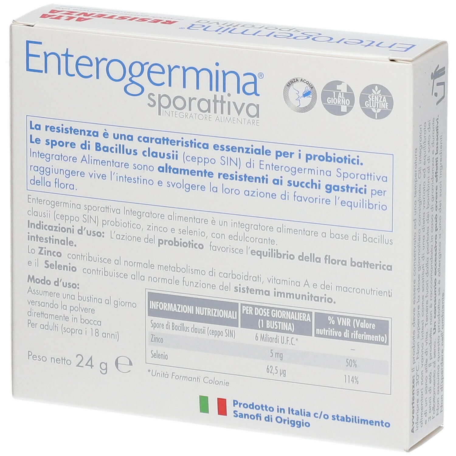 Scatola Enterogermina sporattiva, 12 bustine. Contiene zinco e selenio. Doppia azione.