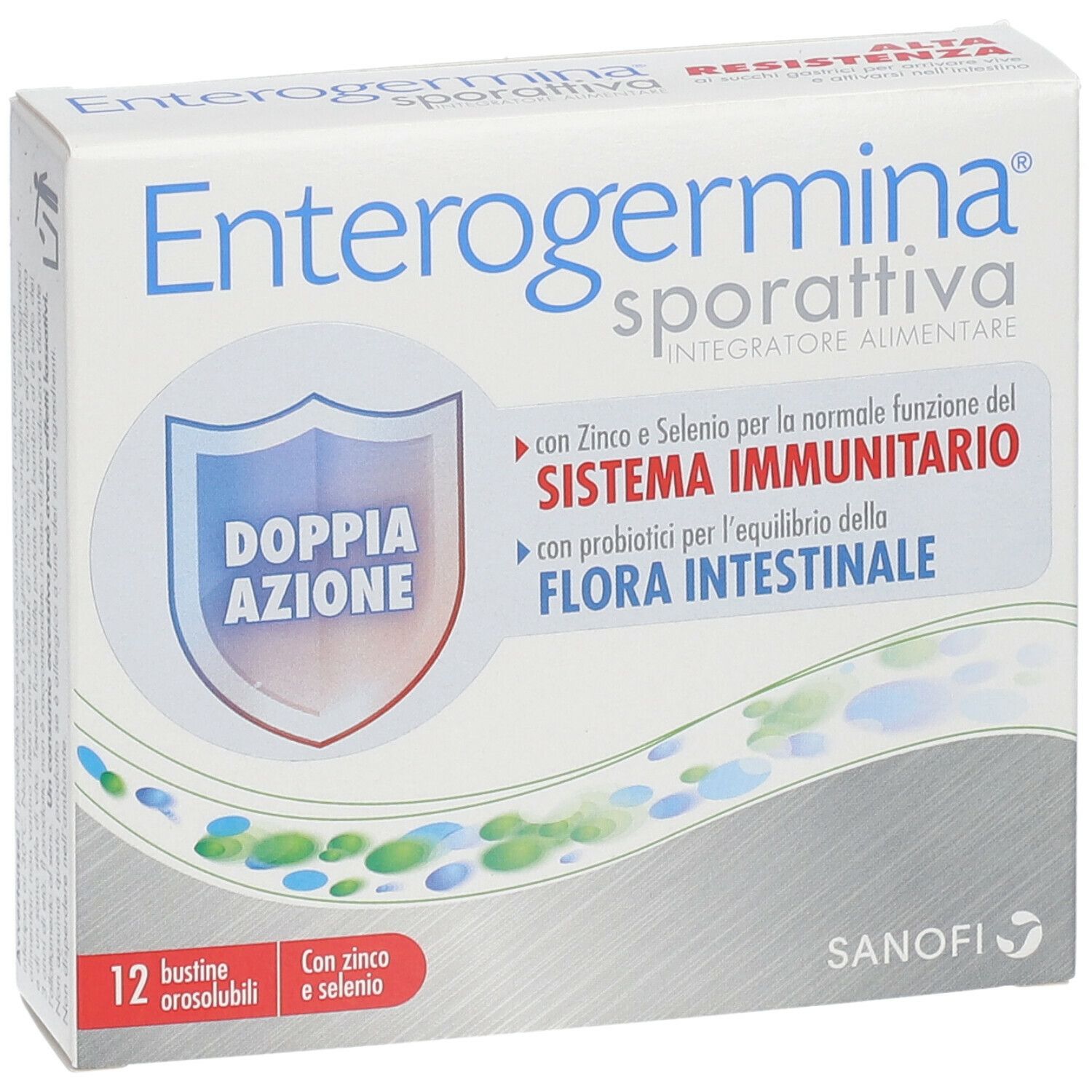 Scatola Enterogermina sporattiva, 12 bustine. Contiene zinco e selenio. Doppia azione.