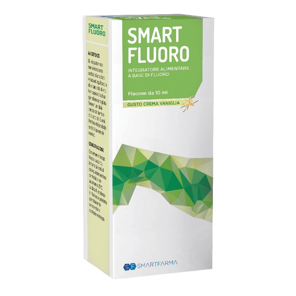 Scatola di Smart Fluoro, integratore alimentare a base di fluoro. Confezione verde e bianca con nome e logo.