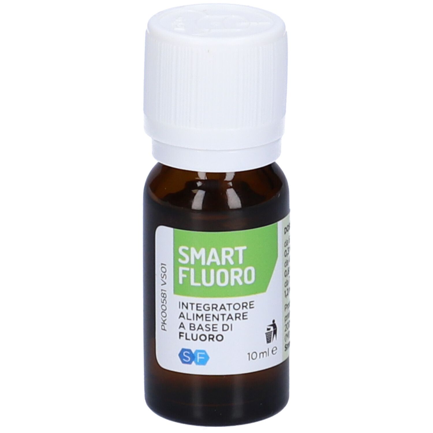 Flacone in vetro marrone con tappo bianco. Etichetta Smart Fluoro, integratore al fluoro. 10 ml.