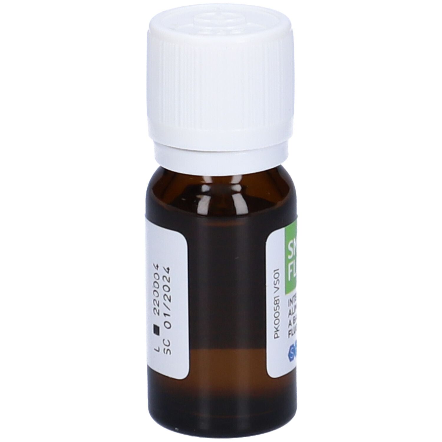 Flacone in vetro marrone con tappo bianco. Etichetta con numero di lotto e scadenza. 10 ml.