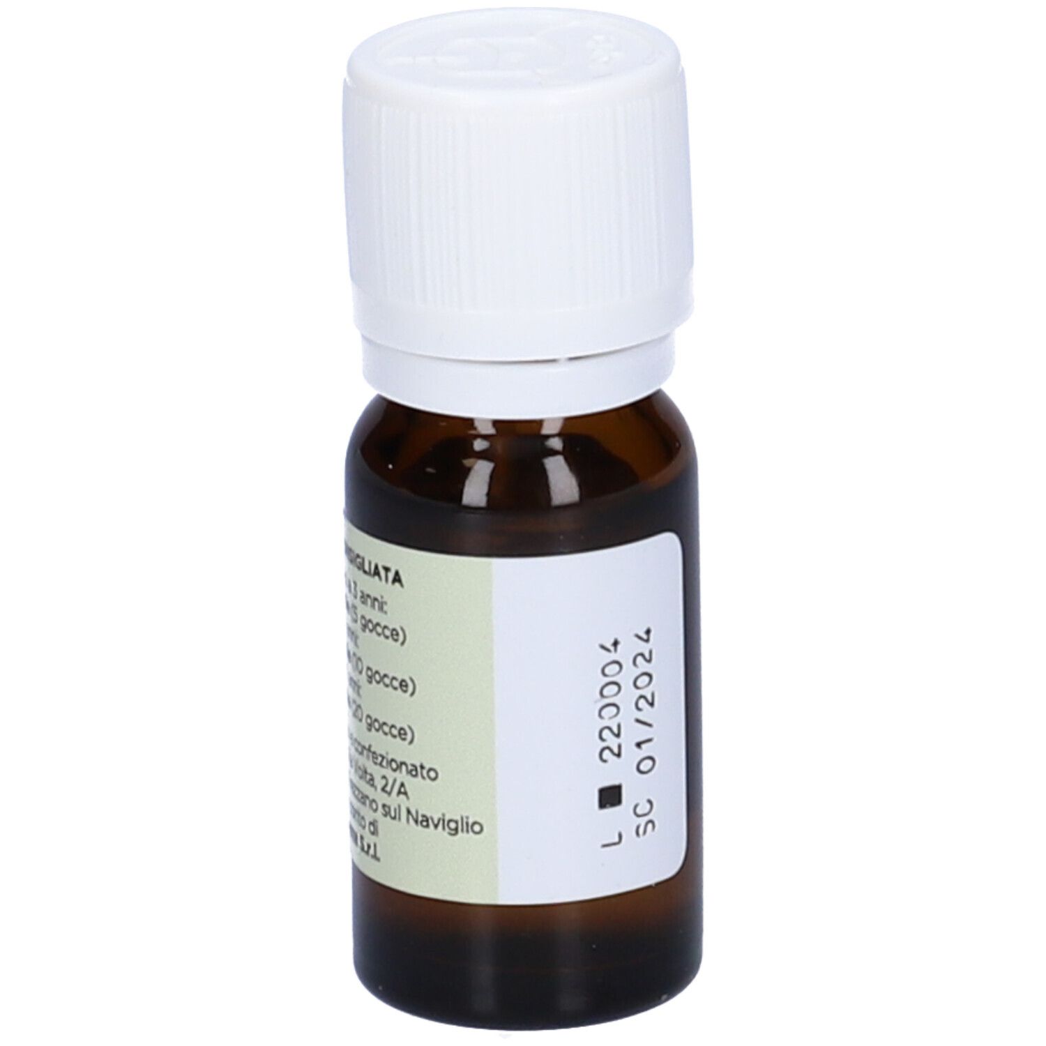 Flacone in vetro marrone con tappo bianco. Etichetta con informazioni. 10 ml.