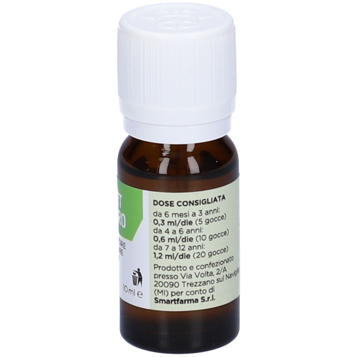 Flacone in vetro marrone con tappo bianco. Etichetta con raccomandazioni di dosaggio. 10 ml.