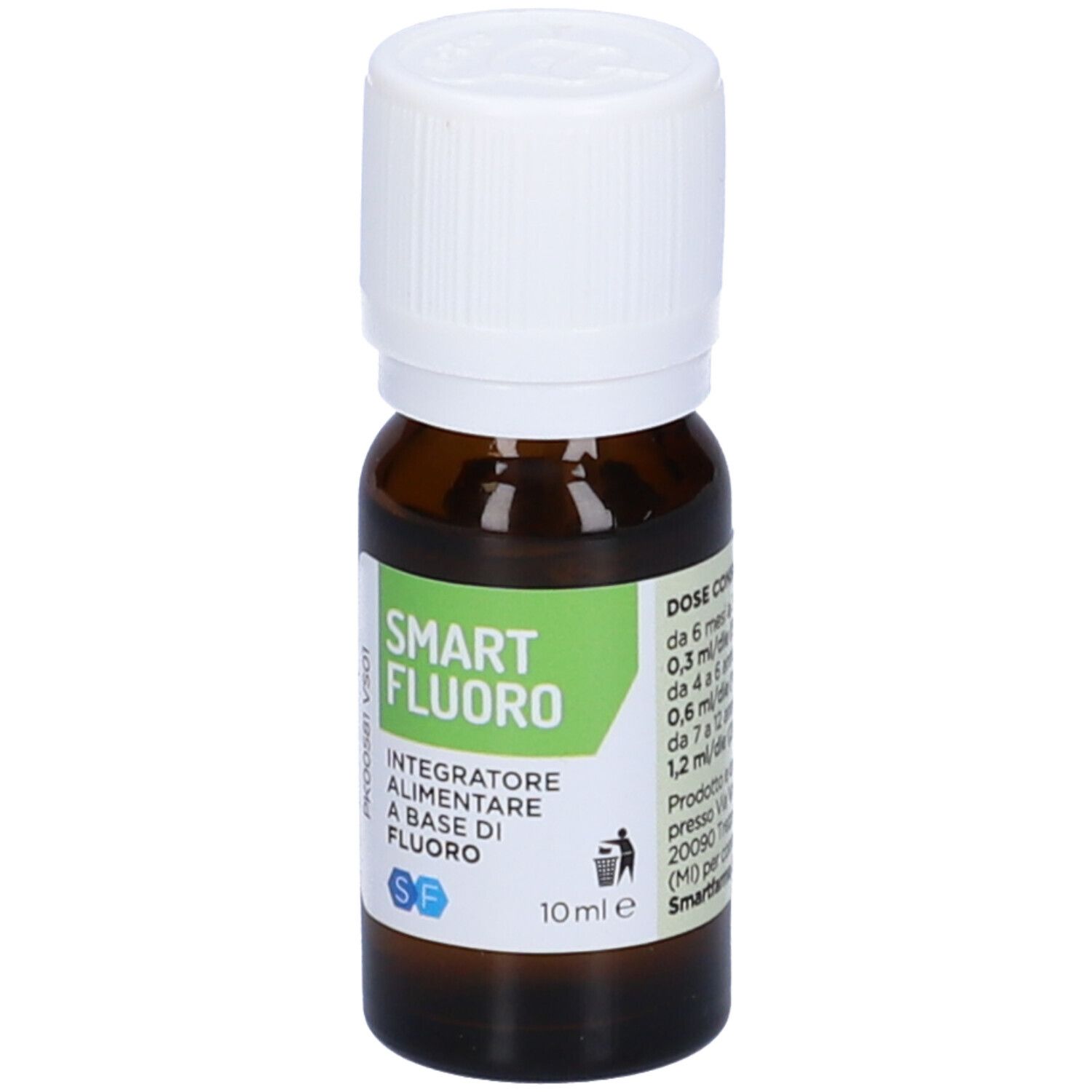 Flacone in vetro marrone con tappo bianco. Etichetta con informazioni sul prodotto. 10 ml.