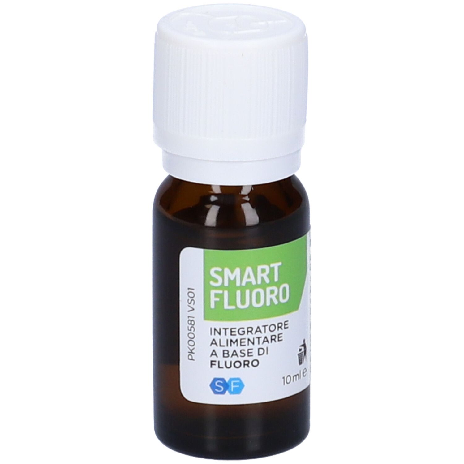 Flacone in vetro marrone con tappo bianco. Etichetta con informazioni sul prodotto. 10 ml.
