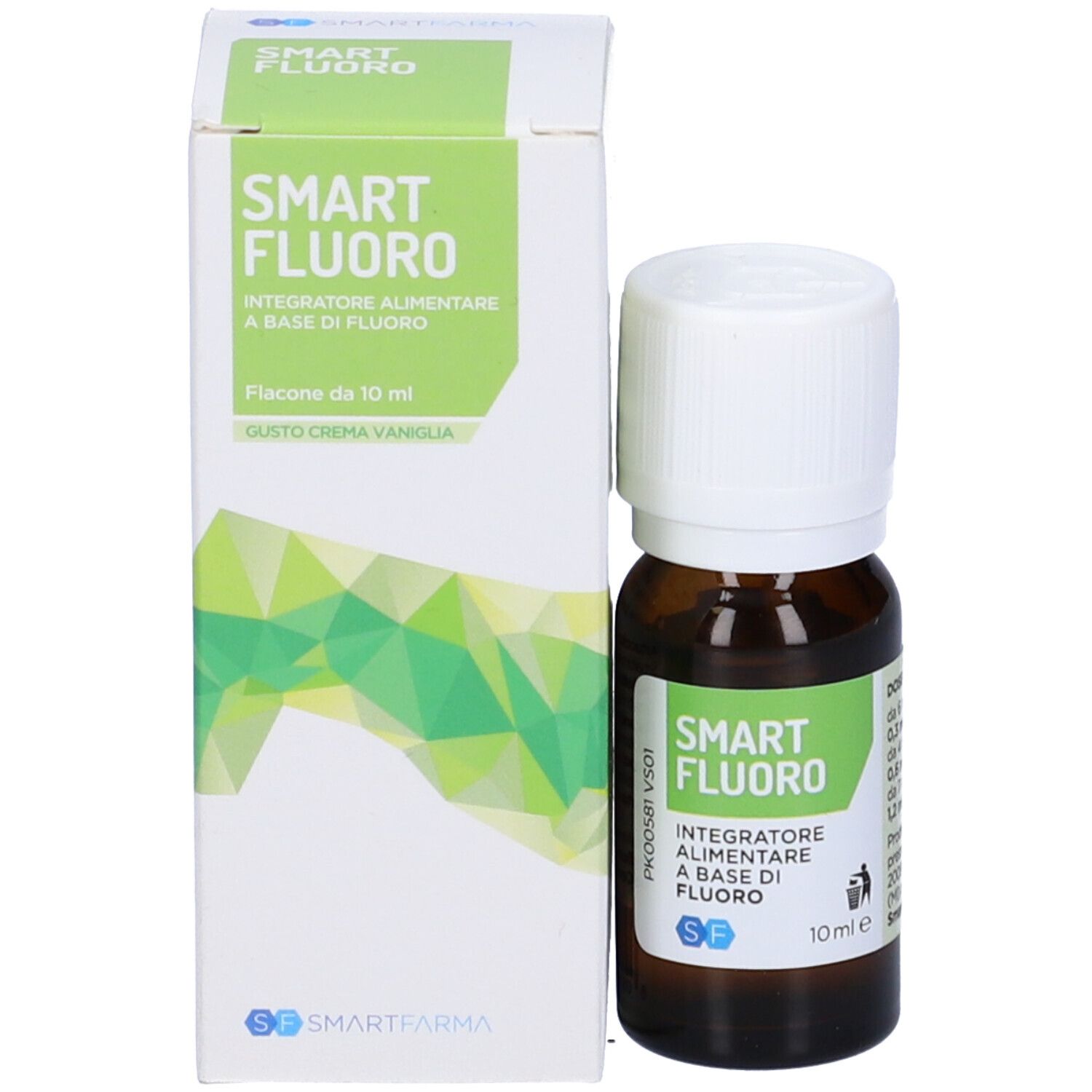 Flacone in vetro marrone e scatola. Smart Fluoro, integratore al fluoro. 10 ml. Gusto vaniglia.