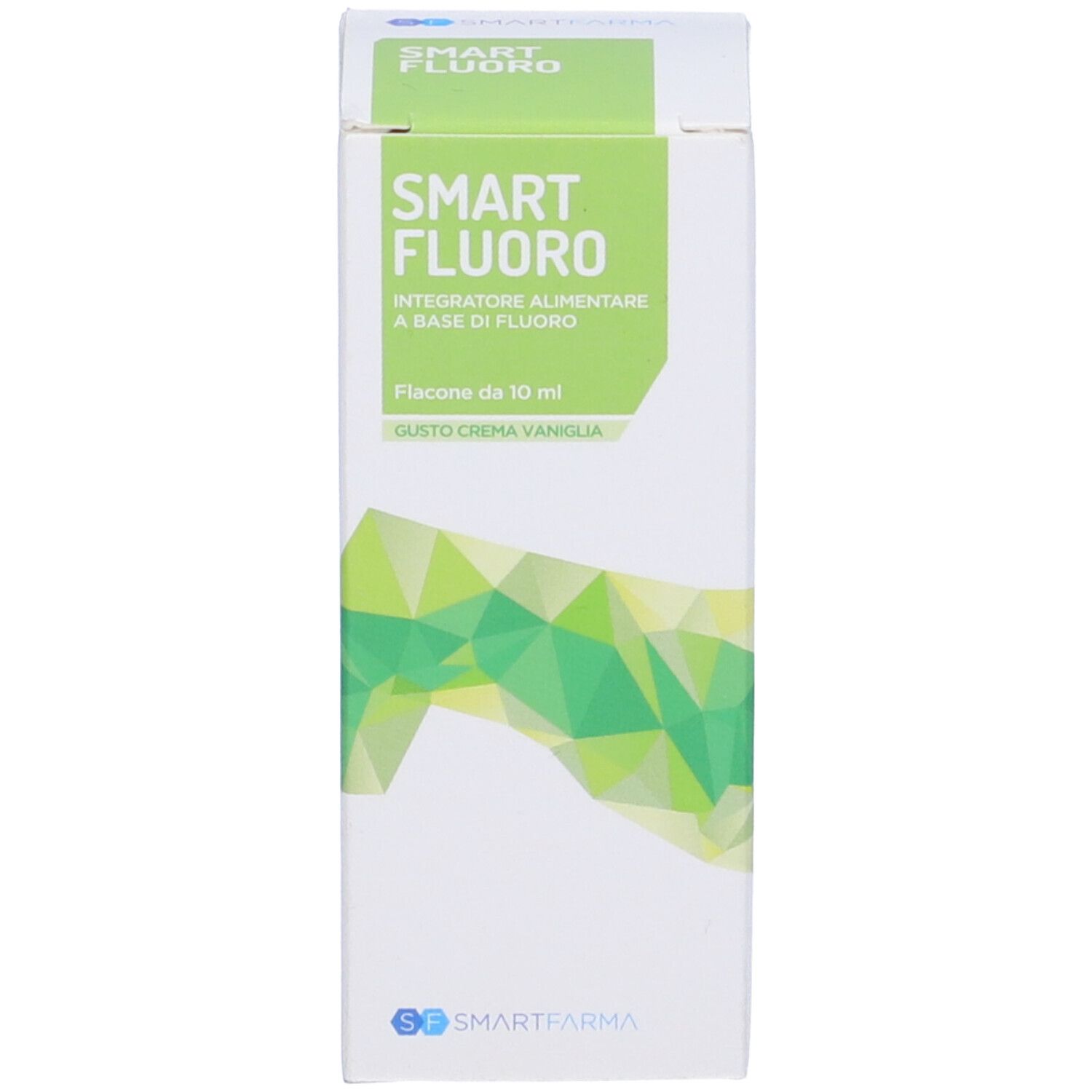 Scatola di Smart Fluoro, integratore al fluoro. 10 ml. Gusto vaniglia. Confezione verde e bianca.