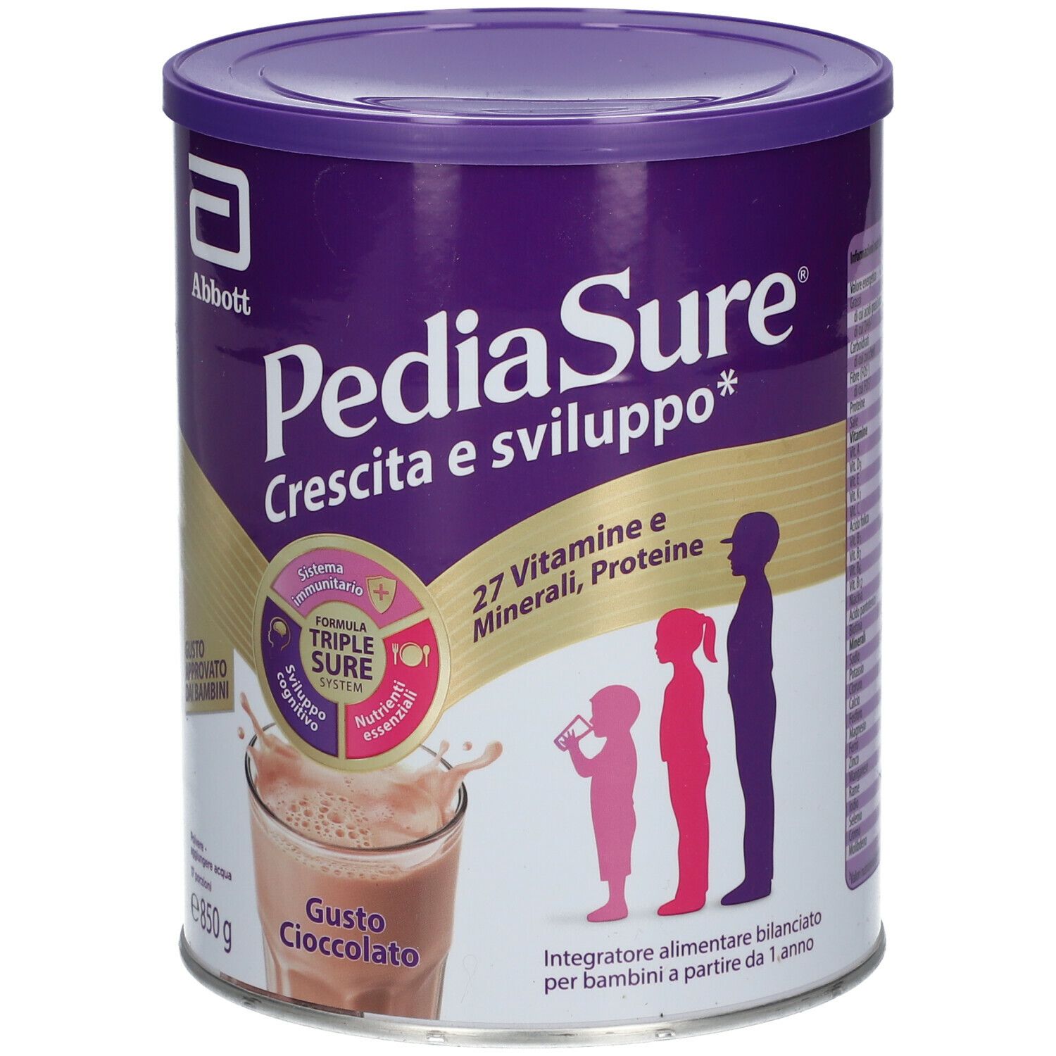 Barattolo PediaSure Crescita & Sviluppo, gusto Cioccolato. Barattolo viola con informazioni e illustrazioni.